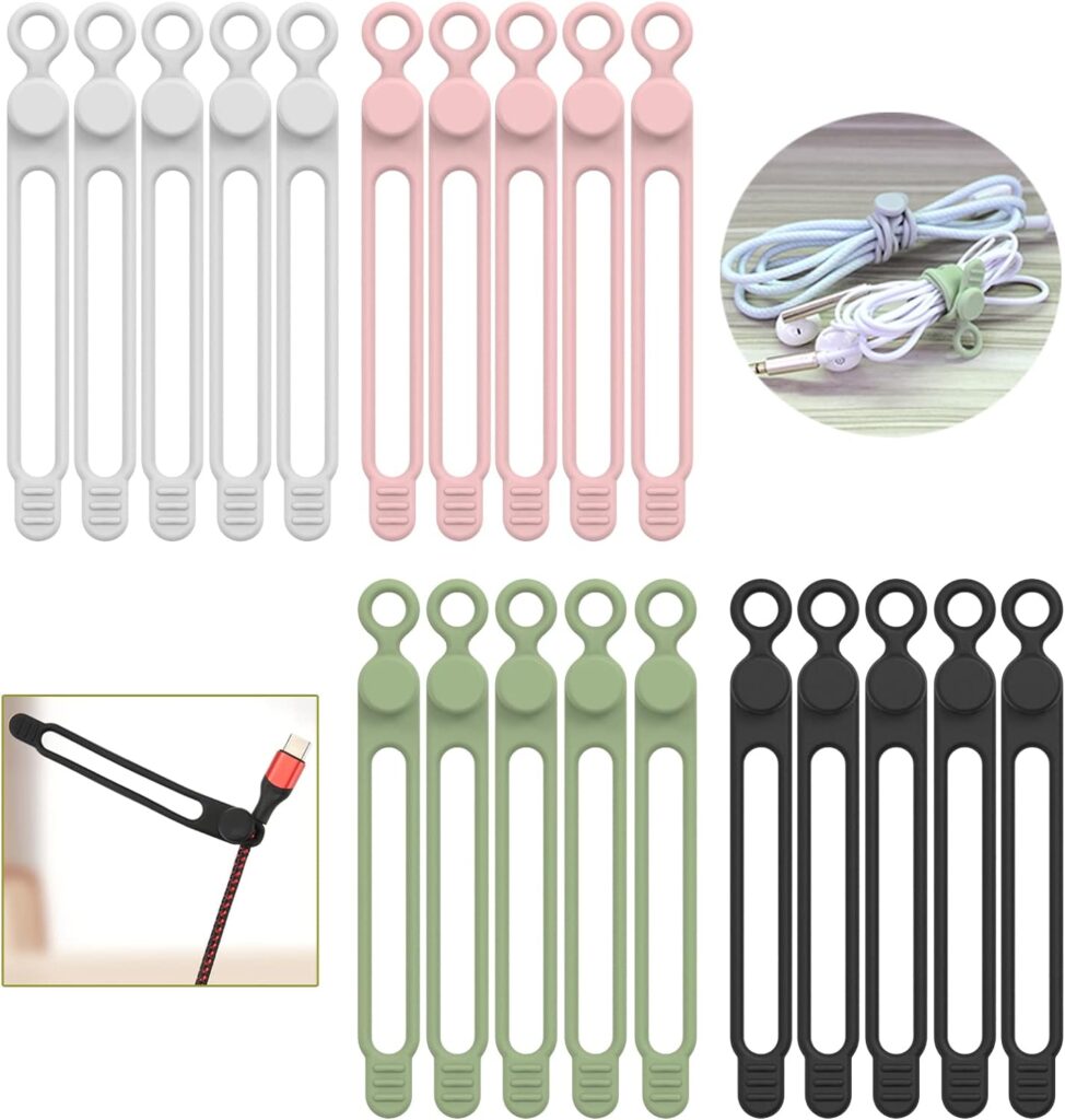 [20Park]UMUST Silicone Cable Ties,Reusable Cable Management Organizer, Multipurpose Elastic Cord Organizer for Bundling and Fastening Cable Cords Wires(black,white,pink,green)