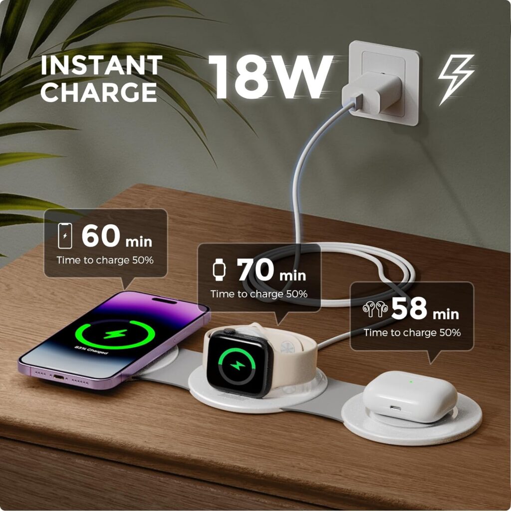 3 in 1 Charging Station for Apple Multiple Devices, Foldable Travel Wireless Charger 18W for iPhone 15 14 13 Pro Max Plus Apple Watch Series/Airpods