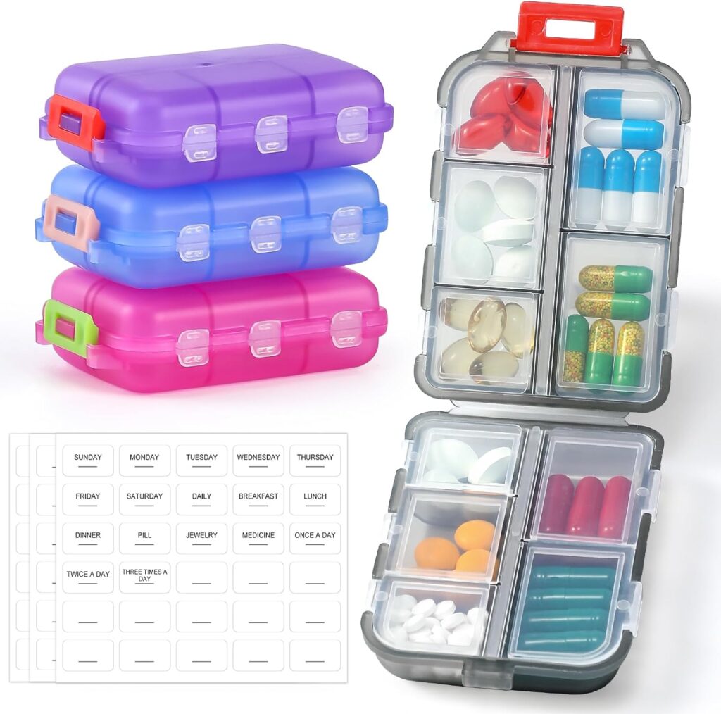 4 Pack Small Travel Pill Organizer for Purse, Pocket, Bag - 10 Compartments Pill Holder Box, Handy Medicine Container - Portable Mini Pharmacy for Weekly Daily Travel - BPA Free Vitamin Fish Oil Case