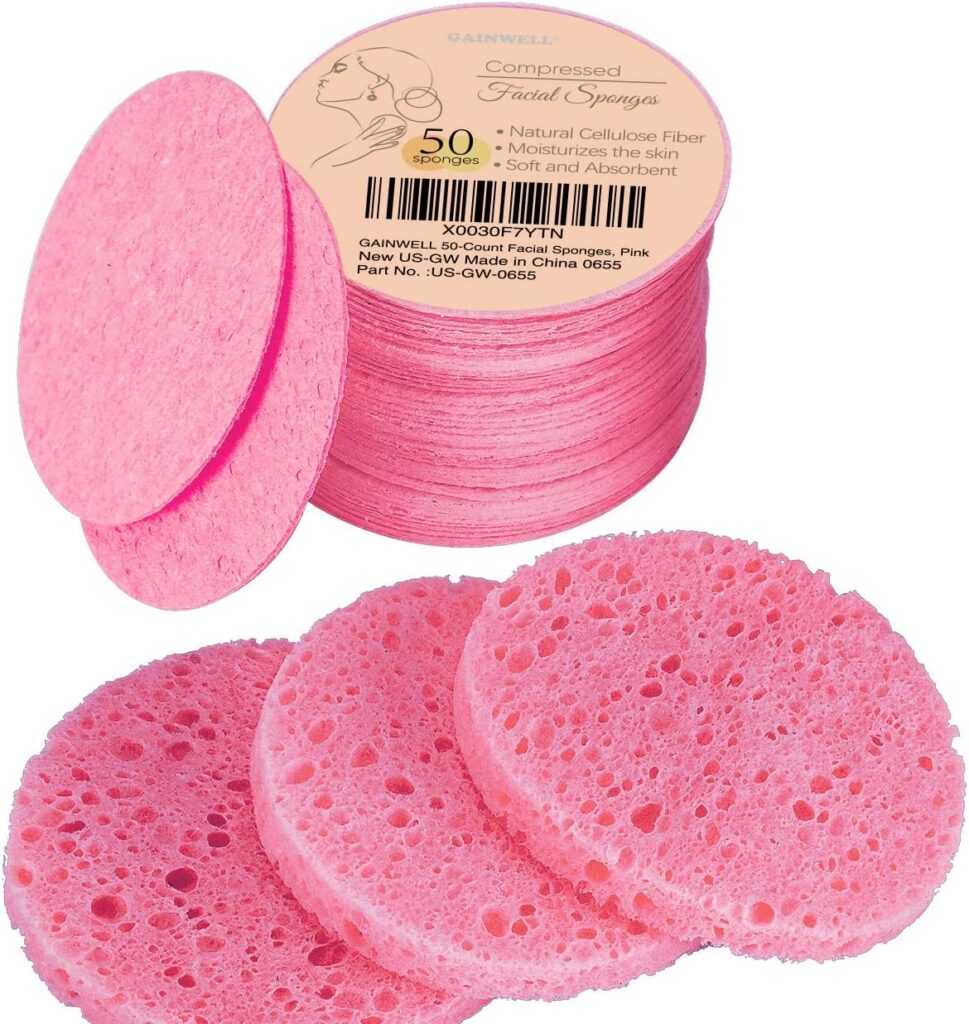 50-Count Compressed Facial Sponges for Daily Facial Cleansing and Exfoliating, 100％ Natural Cosmetic Spa Sponges for Makeup Remover, Reusable, Pink