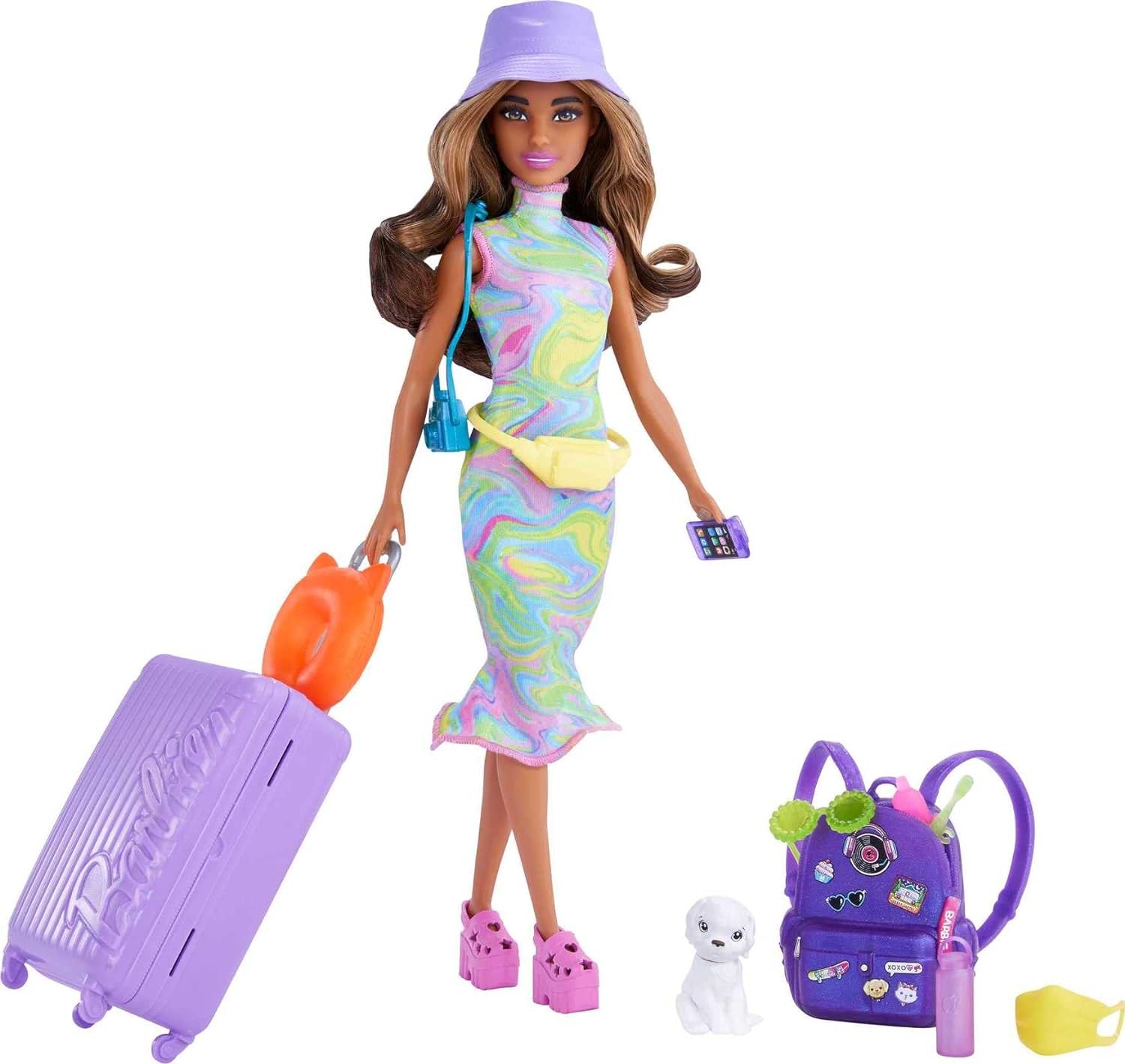 Barbie Doll Accessories, Travel Set with Puppy and 10+ Pieces, Suitcase Opens Closes, Malibu Doll with Blonde Hair