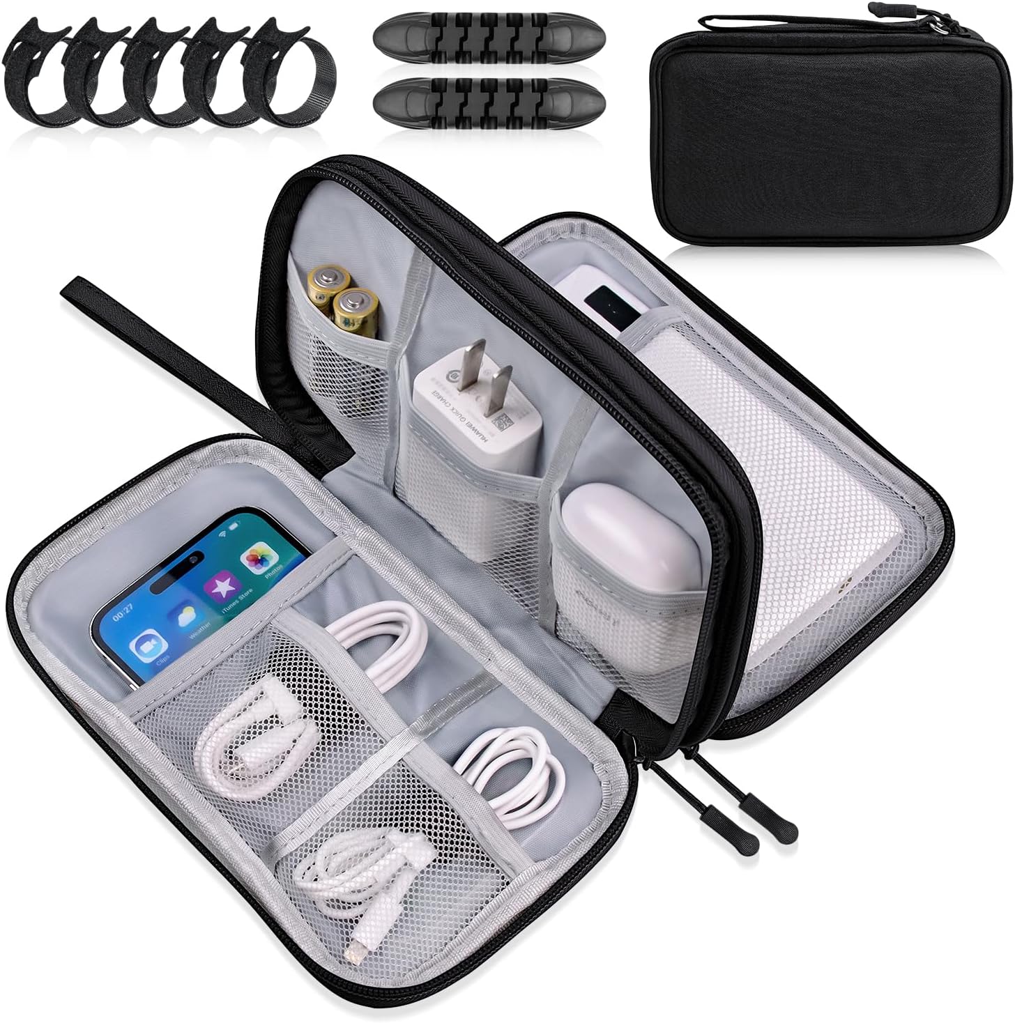 Electronics Organizer Travel Case, Cable Tech Organizer Bag,Medium Size Water Resistant Double Layers Pouch Carry Case for Cord,Phone,Charger,Earphone,Travel Accessories Essentials for Men,Black