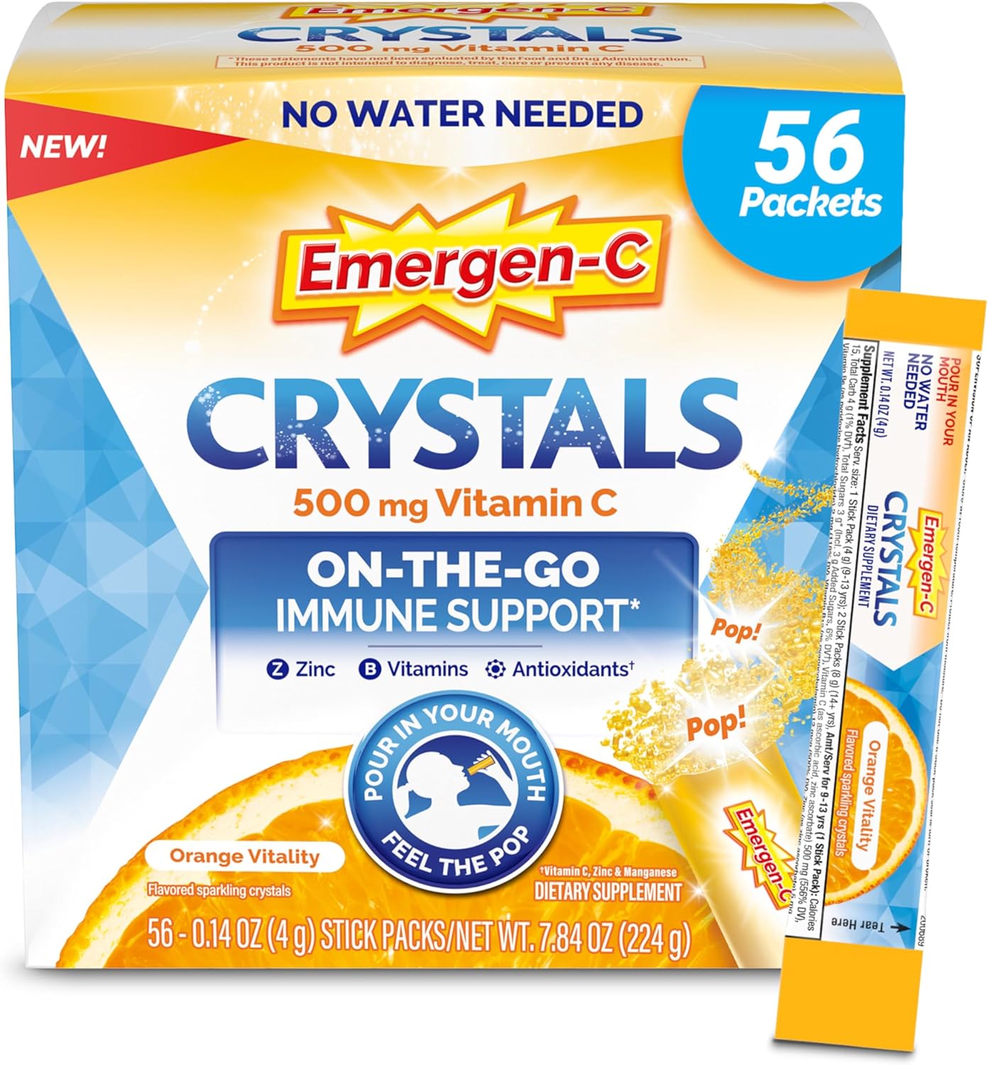 Emergen-C Crystals, On-The-Go Immune Support Supplement with Vitamin C, B Vitamins, Zinc and Manganese, Orange Vitality - 56 Stick Packs