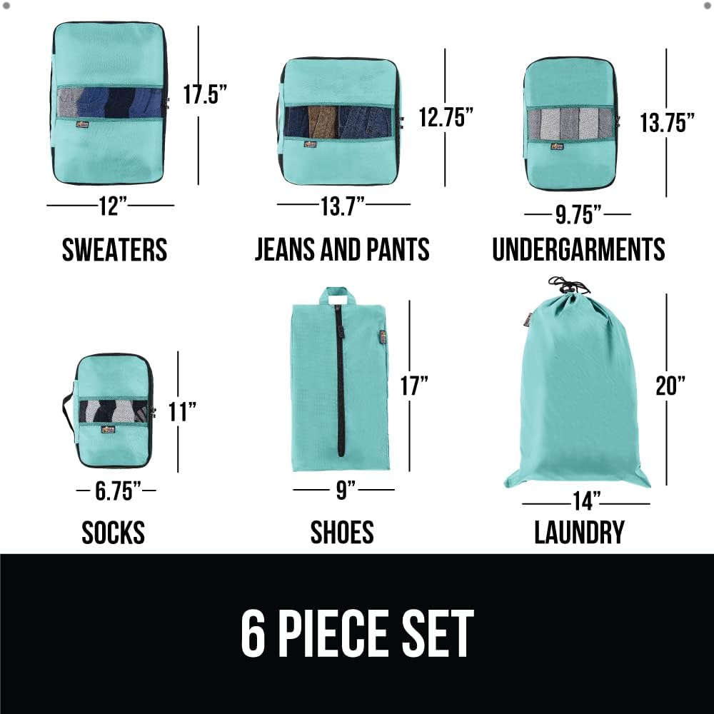 Gorilla Grip 6 Piece Packing Cubes Set, Space Saving Organizers for Suitcases and Luggage, Mesh Window Bags, Travel Essentials for Carry On, Clothes, Shoes, Toiletry Accessories with Zipper, Turquoise