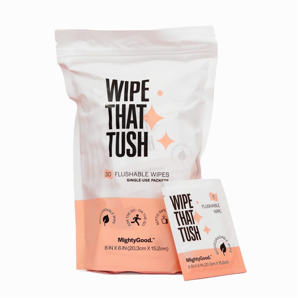 Wipe That Tush On-The-Go Flushable Wet Wipes - 1 Pack, 30 Wipes - Individually Wrapped Extra-Large Wipes with Aloe - Hypoallergenic  Unscented - Septic and Sewer Safe