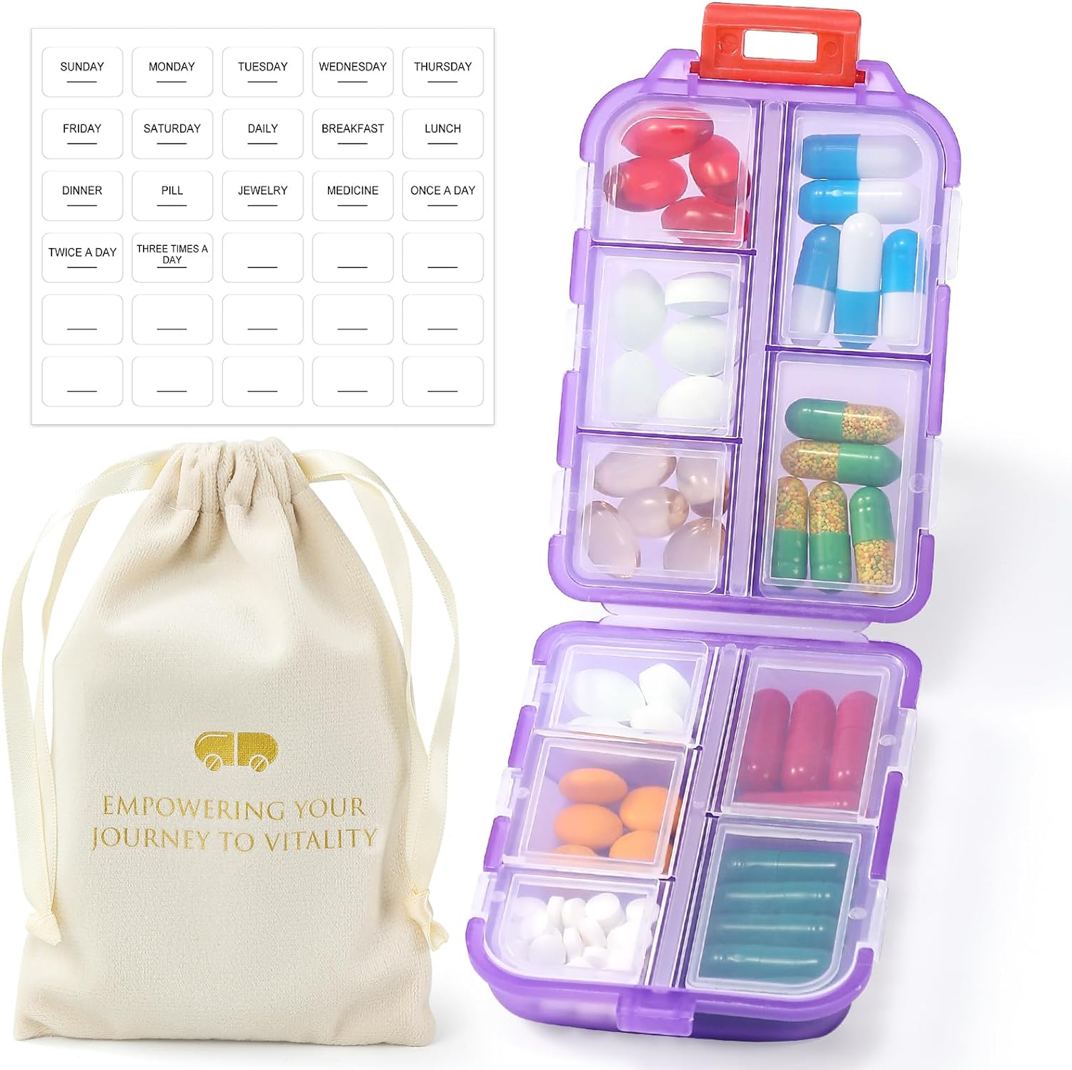 1 Pack Travel Handy Pill Organizer/Holder Box w Labels  1 Drawstring Pouch, Small 10 Compartments Pocket Pharmacy Portable Medicine Container Case - Daily Weekly Medication Organizer - Purple