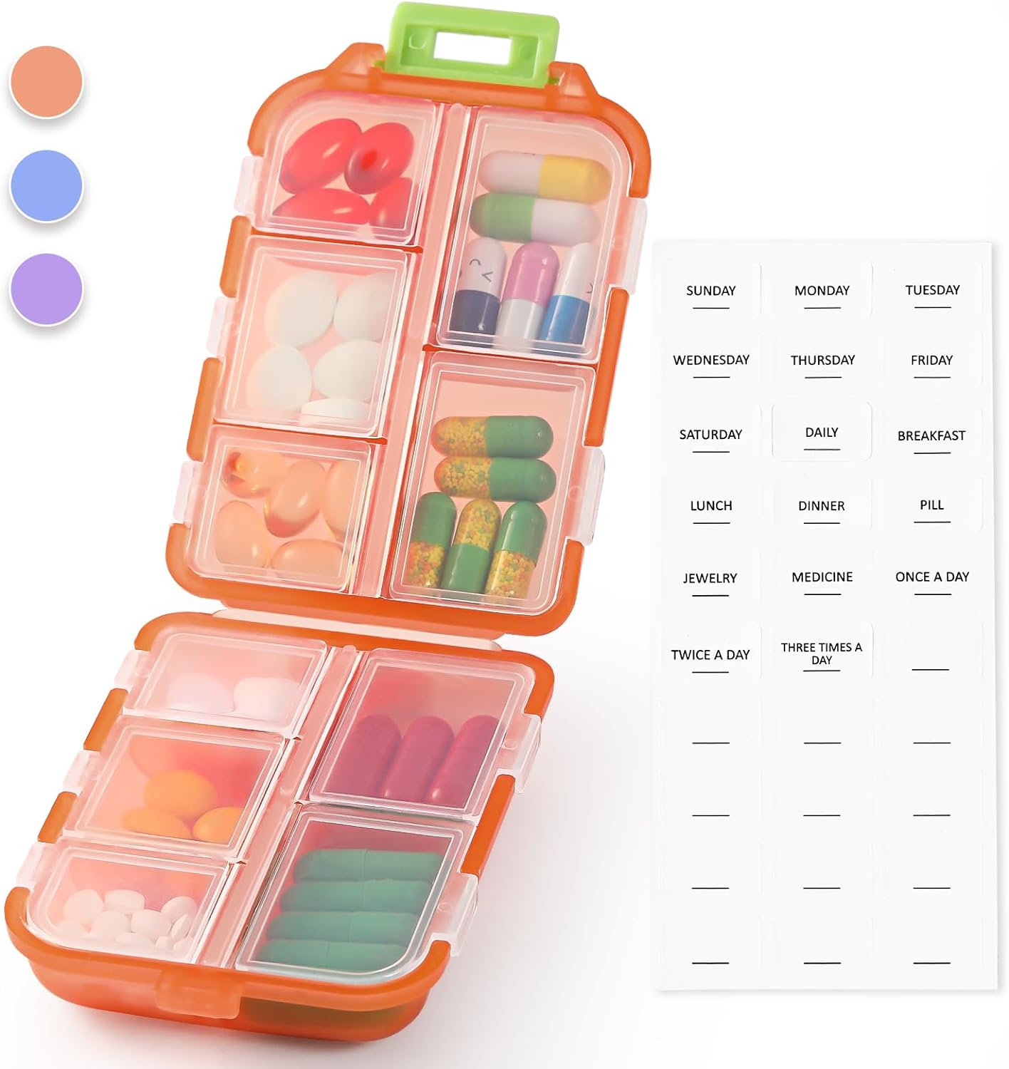 1 Pack Travel Handy Pill Organizer/Holder Box w Labels  1 Drawstring Pouch, Small 10 Compartments Pocket Pharmacy Portable Medicine Container Case - Daily Weekly Medication Organizer - Purple