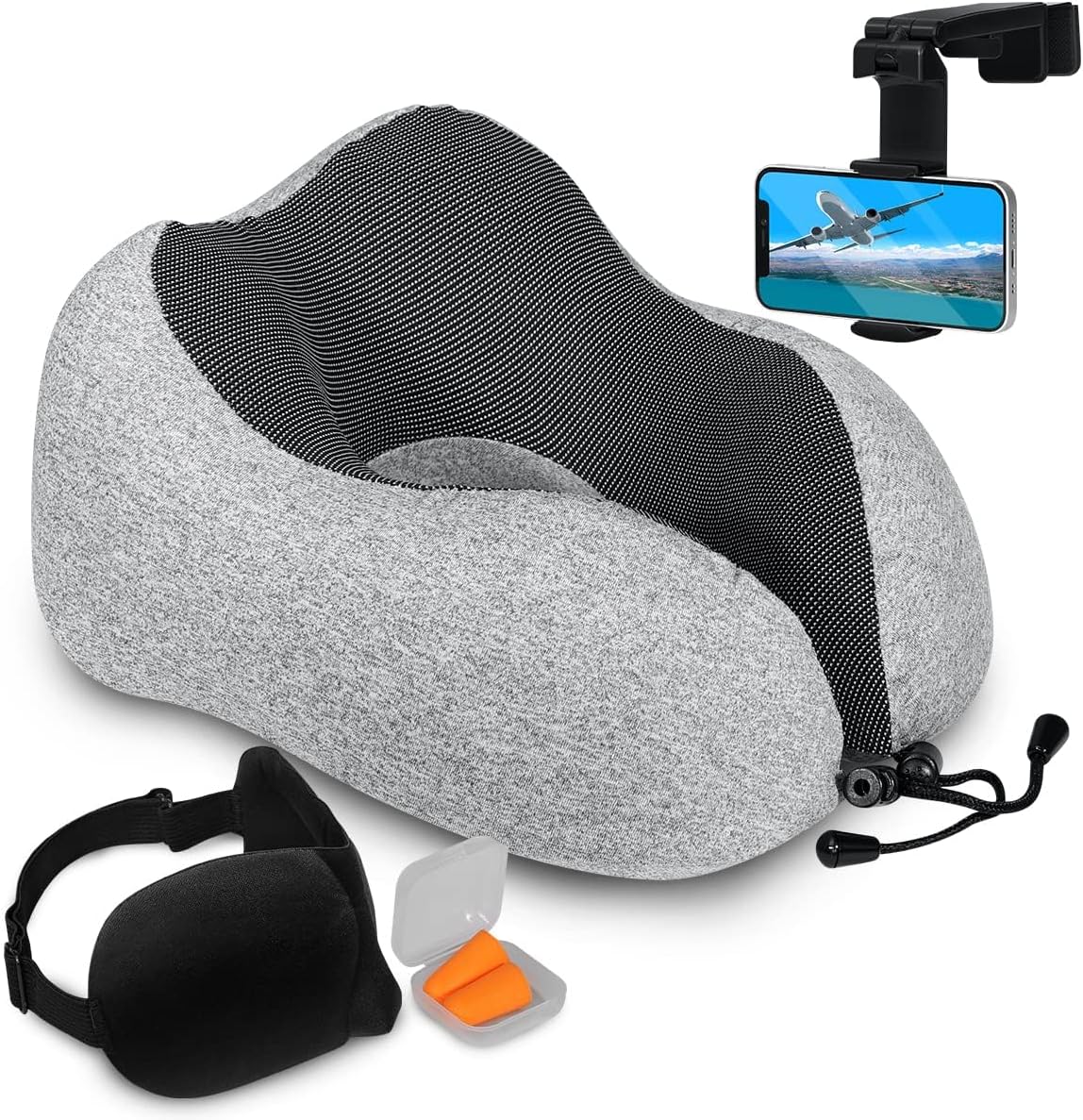 Airplane Neck Pillow Includes Travel Pillow + Airplane Phone Holder Mount + Eye Masks + Earplugs for Travel, 100% Pure Memory Foam Travel Pillow, 5 Pc Travel Kit,