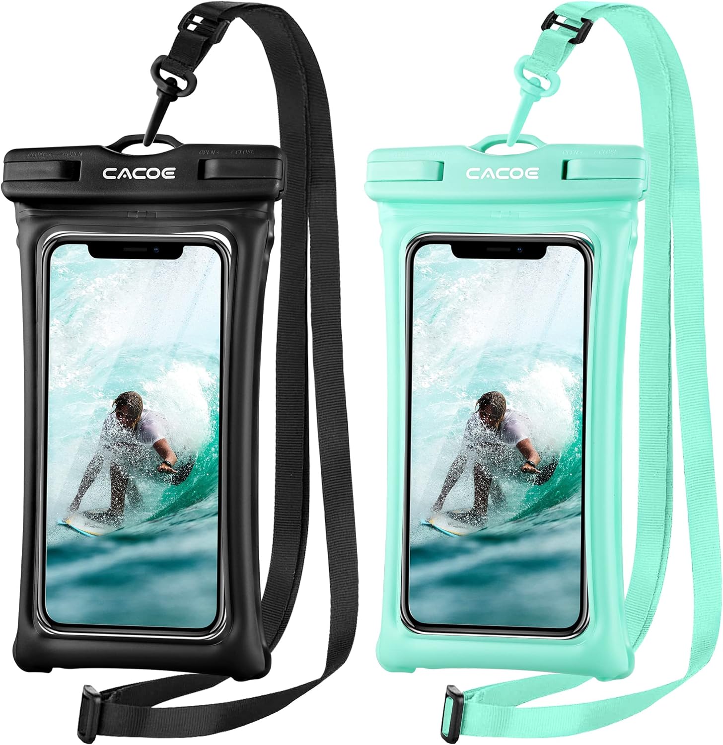 [Floatable]CACOE Floating Universal IPX8 Waterproof Phone case 2 Pack-Up to 7.0,Adjustable Neck Lanyard Phone Pouch,Phone Dry Bags for Vacation Beach Pool Kayak Cruise Travel Essentials（Black+Green）