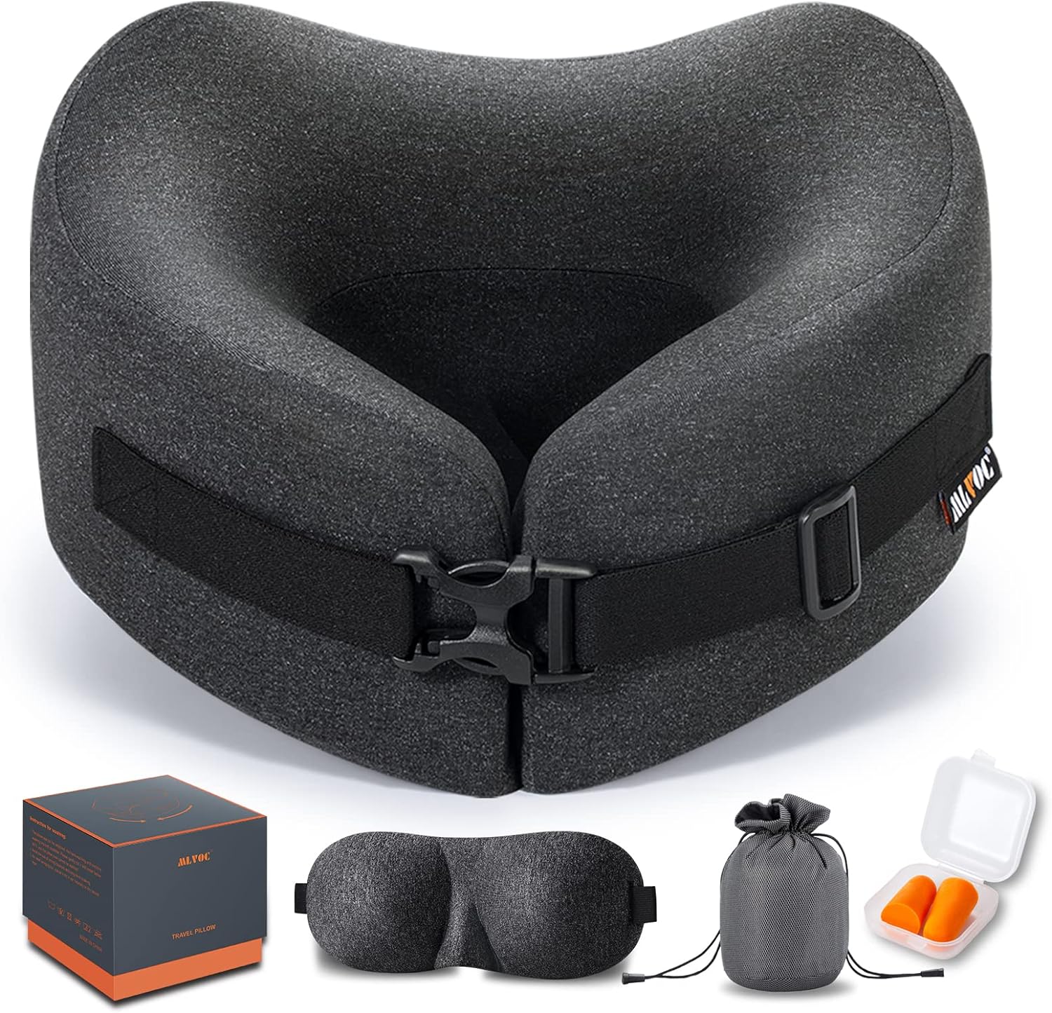 MLVOC Travel Pillow Memory Foam Neck Pillow, Adjustable Comfort Breathable Cover, Airplane Travel Set with 3D Sleep mask, Earplugs Box, for Airplane, Car, Office, Home (Full Black)