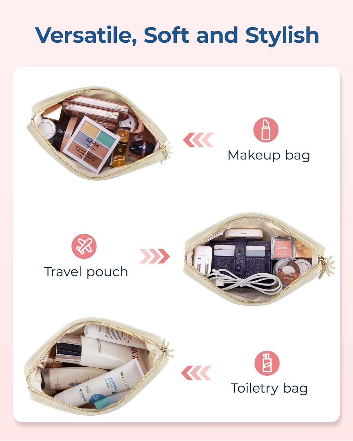 BAGSMART Makeup Bag Travel Cosmetic Bag, Puffy Make Up Bags for Women Large Capacity Makeup Organizer Case, Wide-open Pouch for Purse Storage Travel Essentials Toiletries Accessories Brushes, Beige