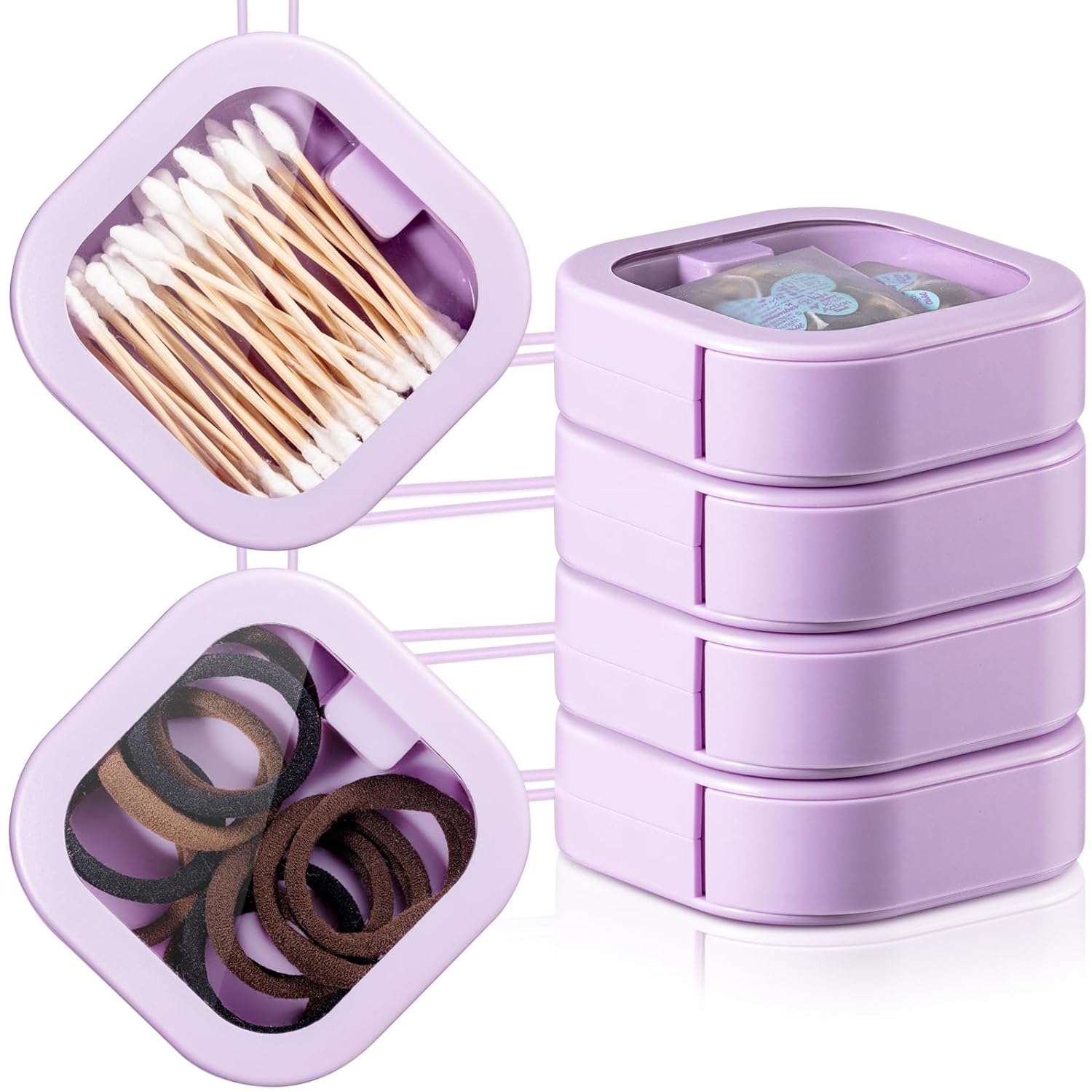 Kathfly 4 Pcs Hair Tie Organizer Portable Hair Accessory Storage Containers Stackable Hair Tie Bobby Pin Holder Home Cotton Swab Dispenser Hair Accessories Jewelry Organizer Box(Assorted Colors)