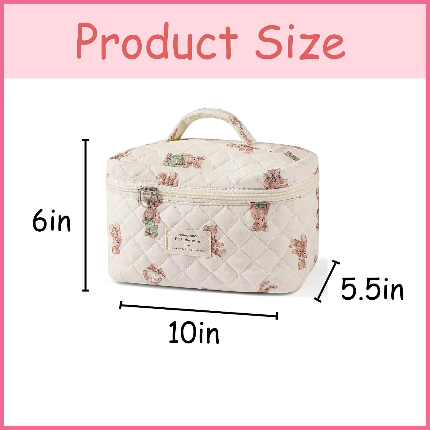 Large Travel Quilted Makeup Bag for Women, Floral Cotton Cosmetic Bag, Coquette Aesthetic Floral Toiletry Organizer Bag (01Lithtblue-flower)