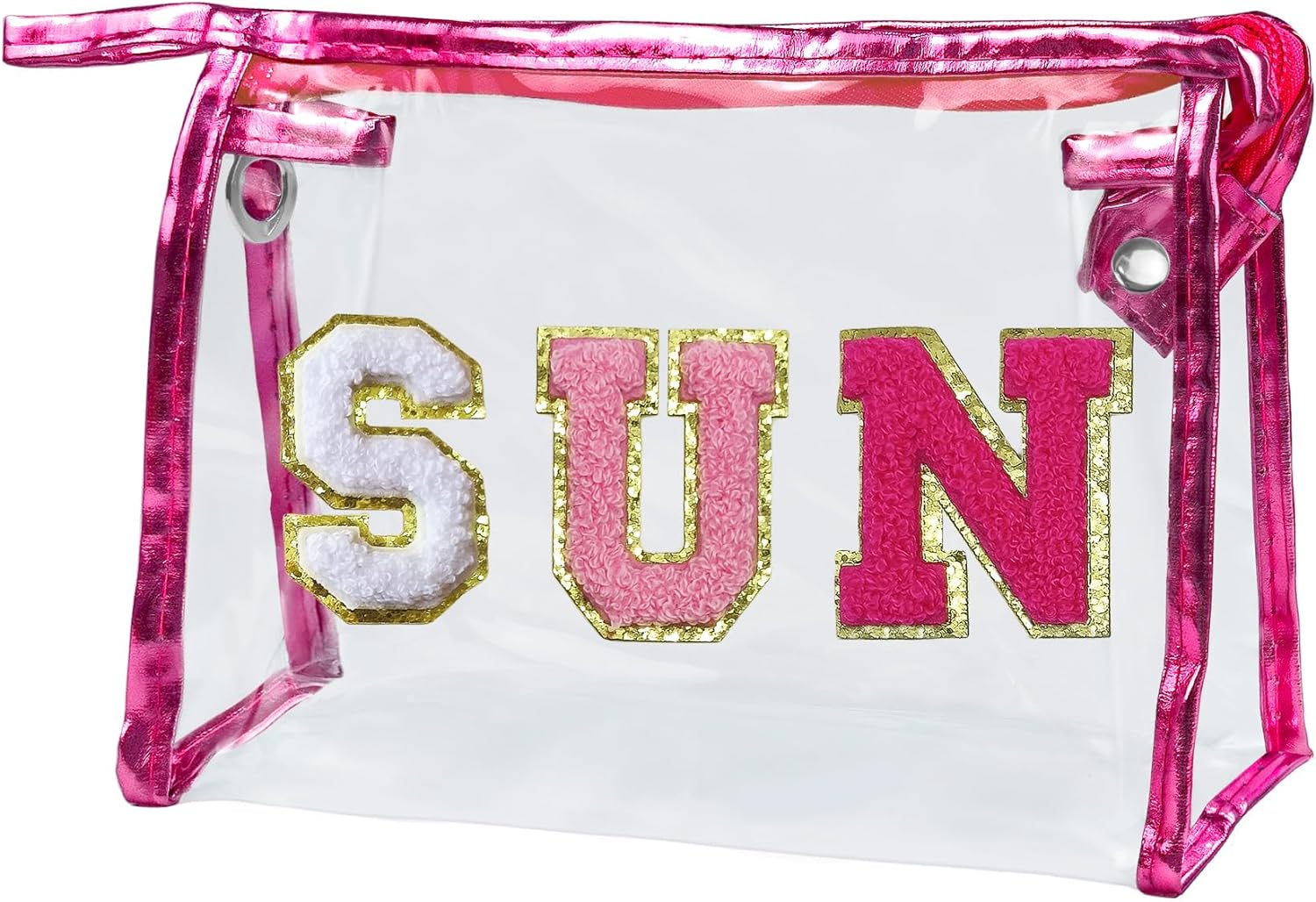 Clear Makeup Bag Preppy Sunscreen Pouch Waterproof Beach Pool Travel Things Summer Stuff Traveling Cosmetic Accessories for Women Teen Girl Gift with Cute Chenille Letter Patch Pink SUN