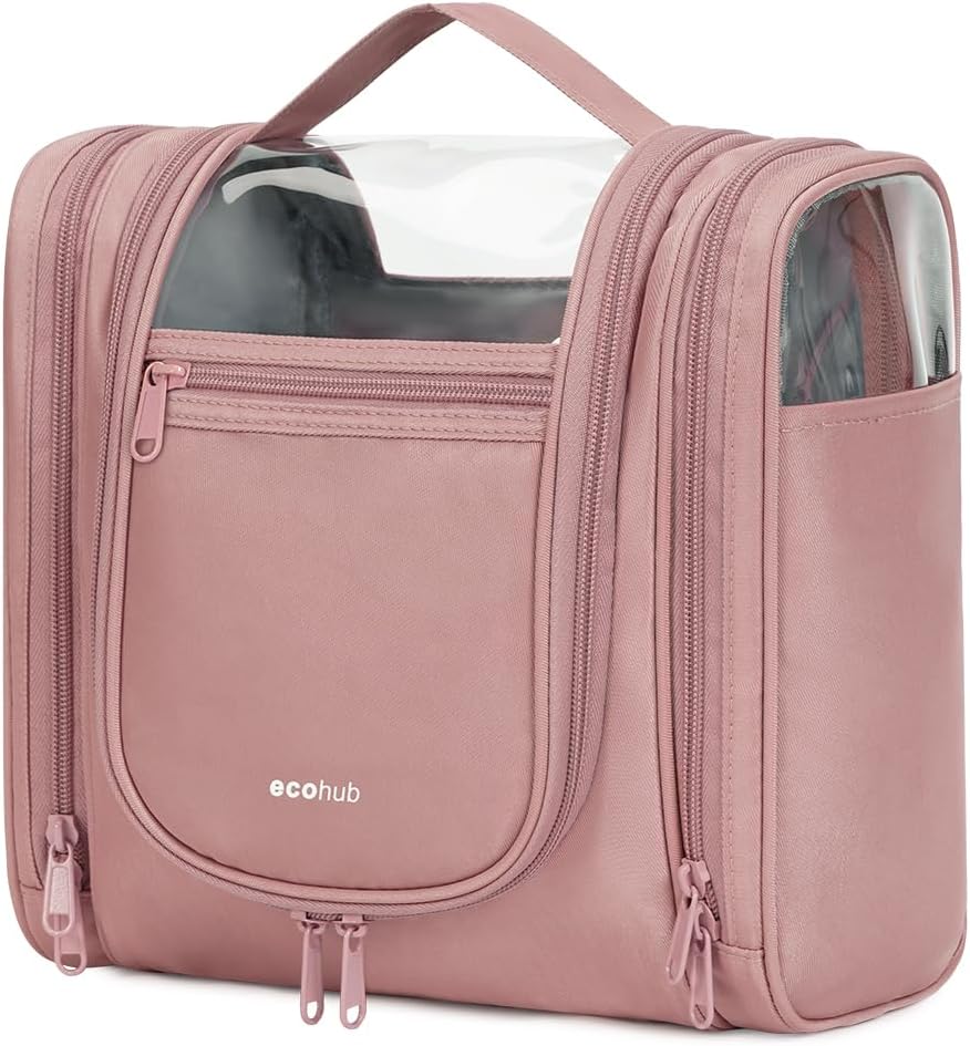 ECOHUB Travel Toiletry Bag, Hanging Toiletry Bag for Women, Full-size Container, Water-resistant Travel Makeup Organizer, Toiletries, Pink （PATENT PENDING）