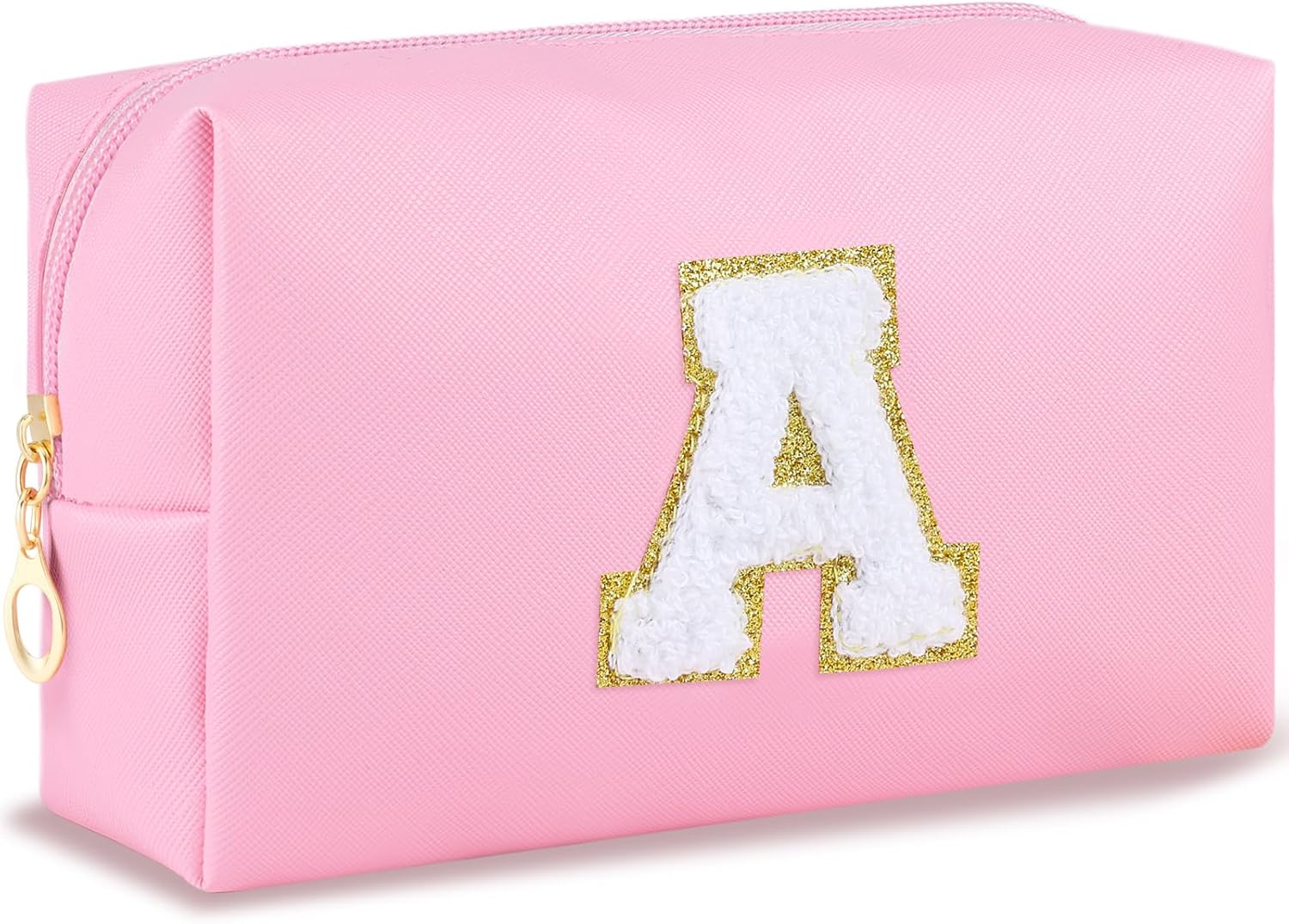 Initial Makeup Bag Personalized Preppy Travel Small Cosmetic Bag Cute PU Pink Chenille Letter Makeup Pouch for Purse Waterproof Zippered Toiletry Organizer for Women Girls Kids Friends (H)