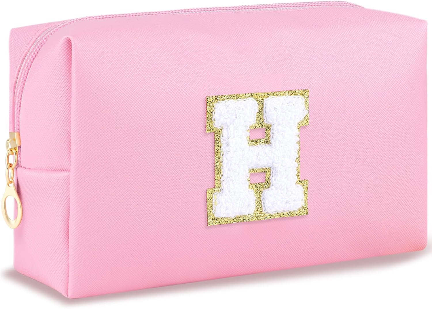 Initial Makeup Bag Personalized Preppy Travel Small Cosmetic Bag Cute PU Pink Chenille Letter Makeup Pouch for Purse Waterproof Zippered Toiletry Organizer for Women Girls Kids Friends (H)