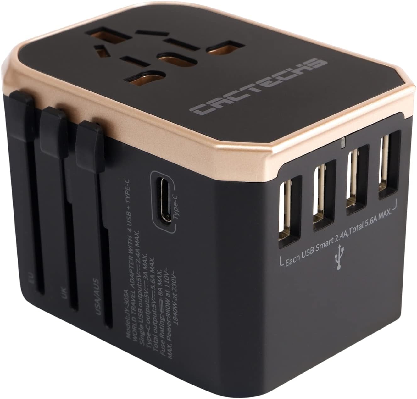 International Universal Travel Adapter Worldwide 4 USB 1 Type C Travel Charger, EU UK European Travel Plug Adapter Europe Power Outlet Converter, Travel Essentials Accessories - Gold