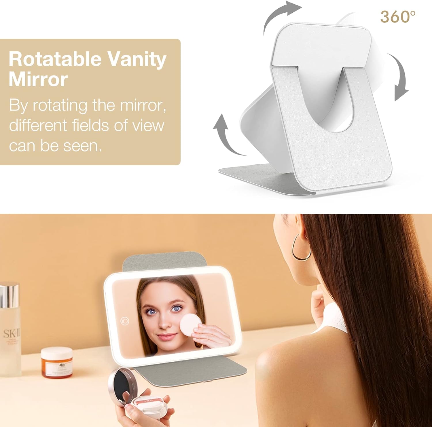 Kintion Travel Makeup Mirror, 8*5.4 Portable LED Lighted Makeup Mirror, 360° Rotation Touch Screen Vanity Mirror, 3-Color Dimmable Lighting, Rechargeable Tabletop Folding Cosmetic Mirror