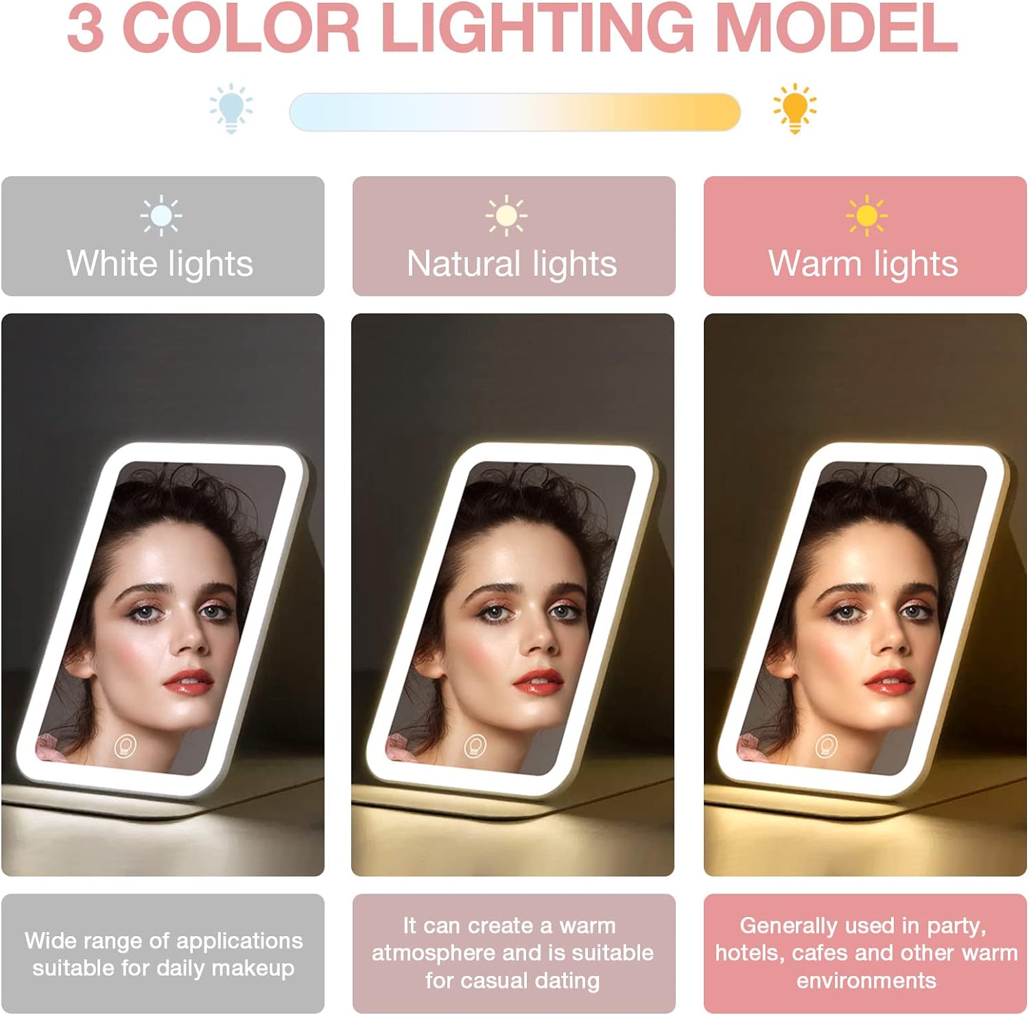 Kintion Travel Makeup Mirror, 8*5.4 Portable LED Lighted Makeup Mirror, 360° Rotation Touch Screen Vanity Mirror, 3-Color Dimmable Lighting, Rechargeable Tabletop Folding Cosmetic Mirror