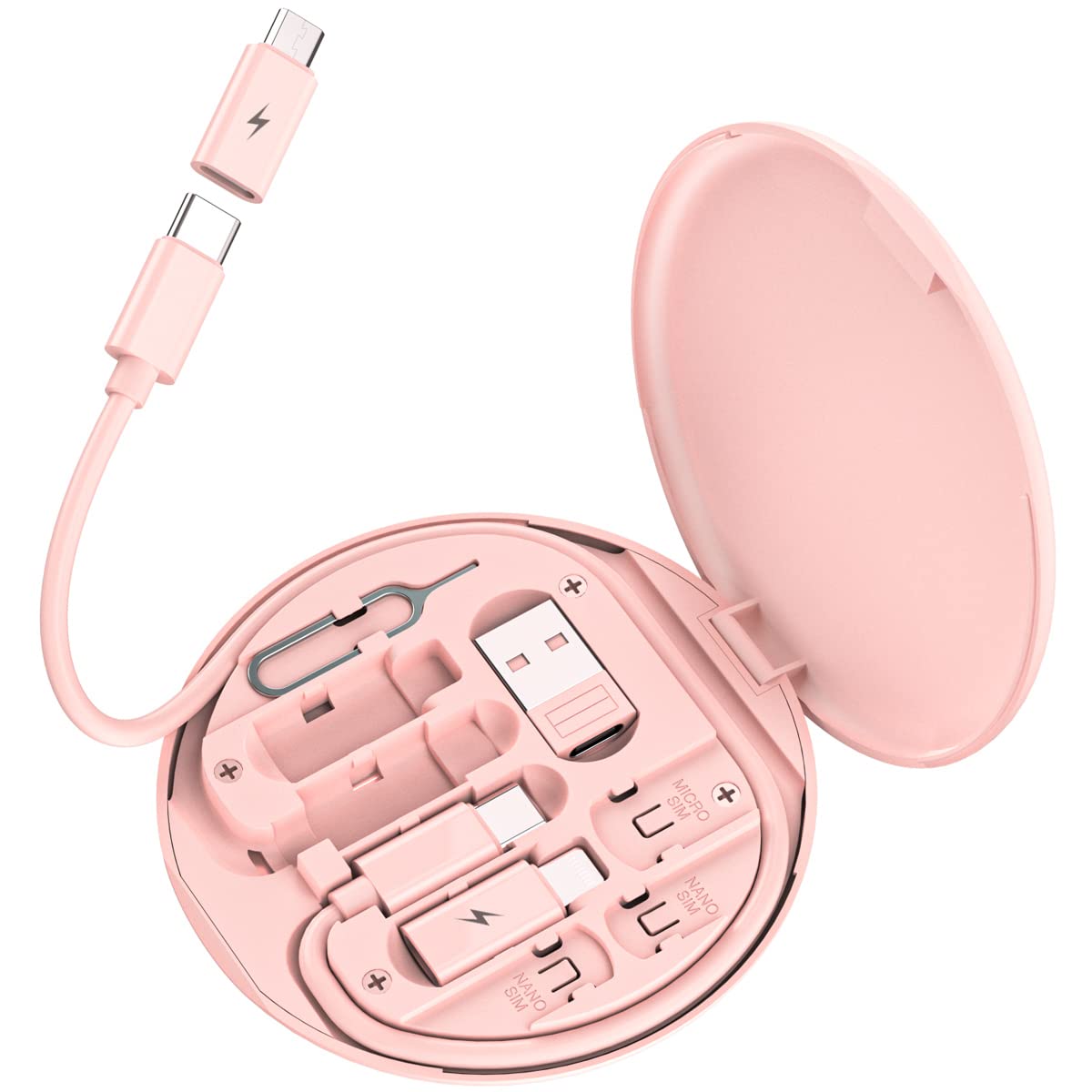 Multi USB Charging Adapter Cable Kit, USB C to Lighting Adapter Box, Conversion Set USB A  Type C to Male Micro/Type C/Lightning, Data Transfer, Card Storage, Tray Eject Pin, Phone Holder (Pink)