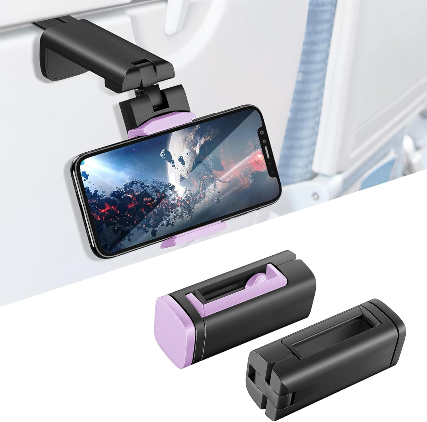 (2 Pack)Universal Airplane Travel Phone Holder: Travel Essentials Phone Mount for Desk with Multi-Directional 360 Degree Rotation,Travel Accessories Must Haves Phone Holder for Flying(Black+Purple)