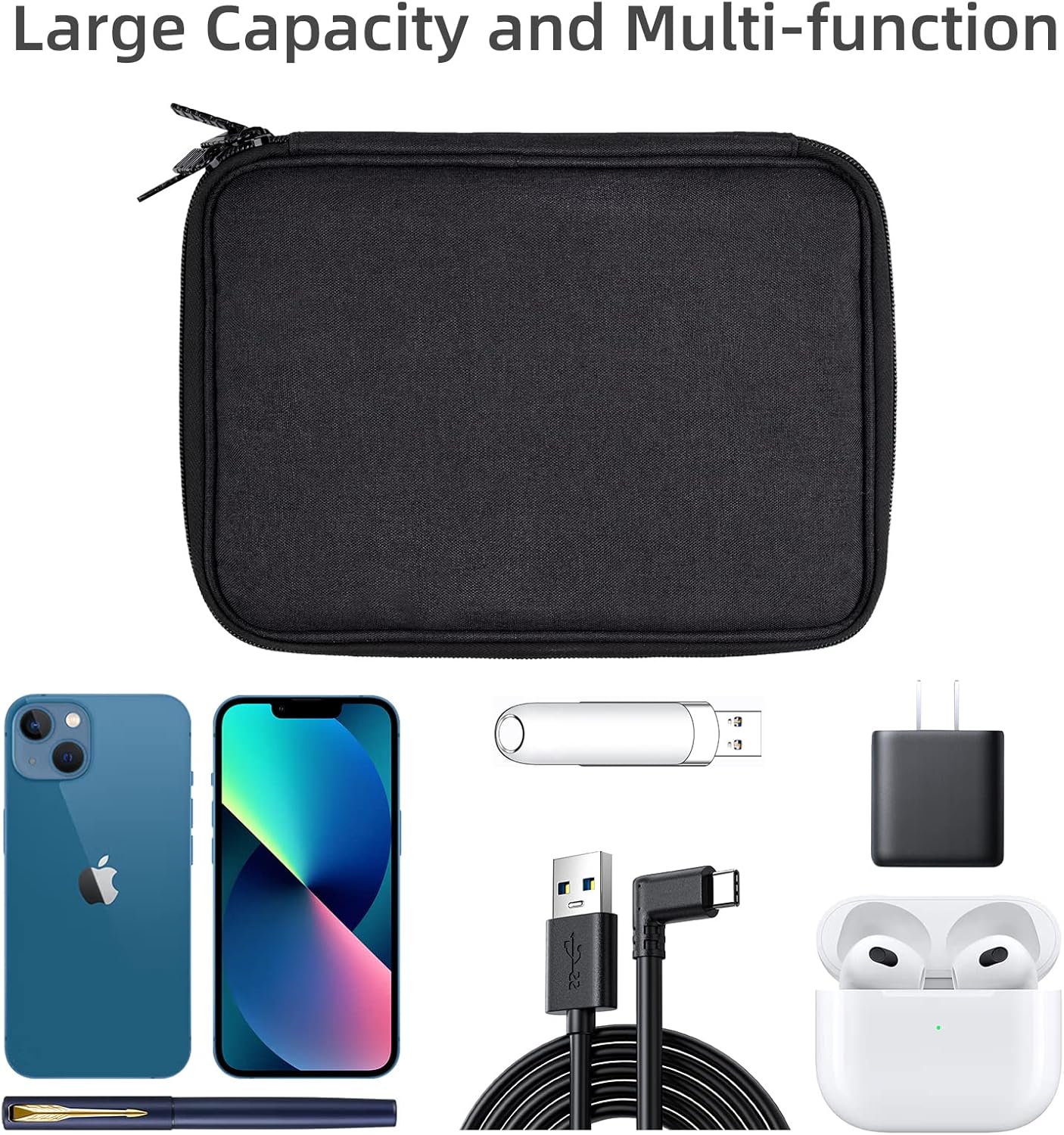 Electronics Organizer,Travel Cable Organizer Bag,Water Resistant Double Layers Pouch for Cable,Cord,iPhone,iPad Mini,Gift for Men Electronic Accessories Storage Case with 5 Cable Ties,Black