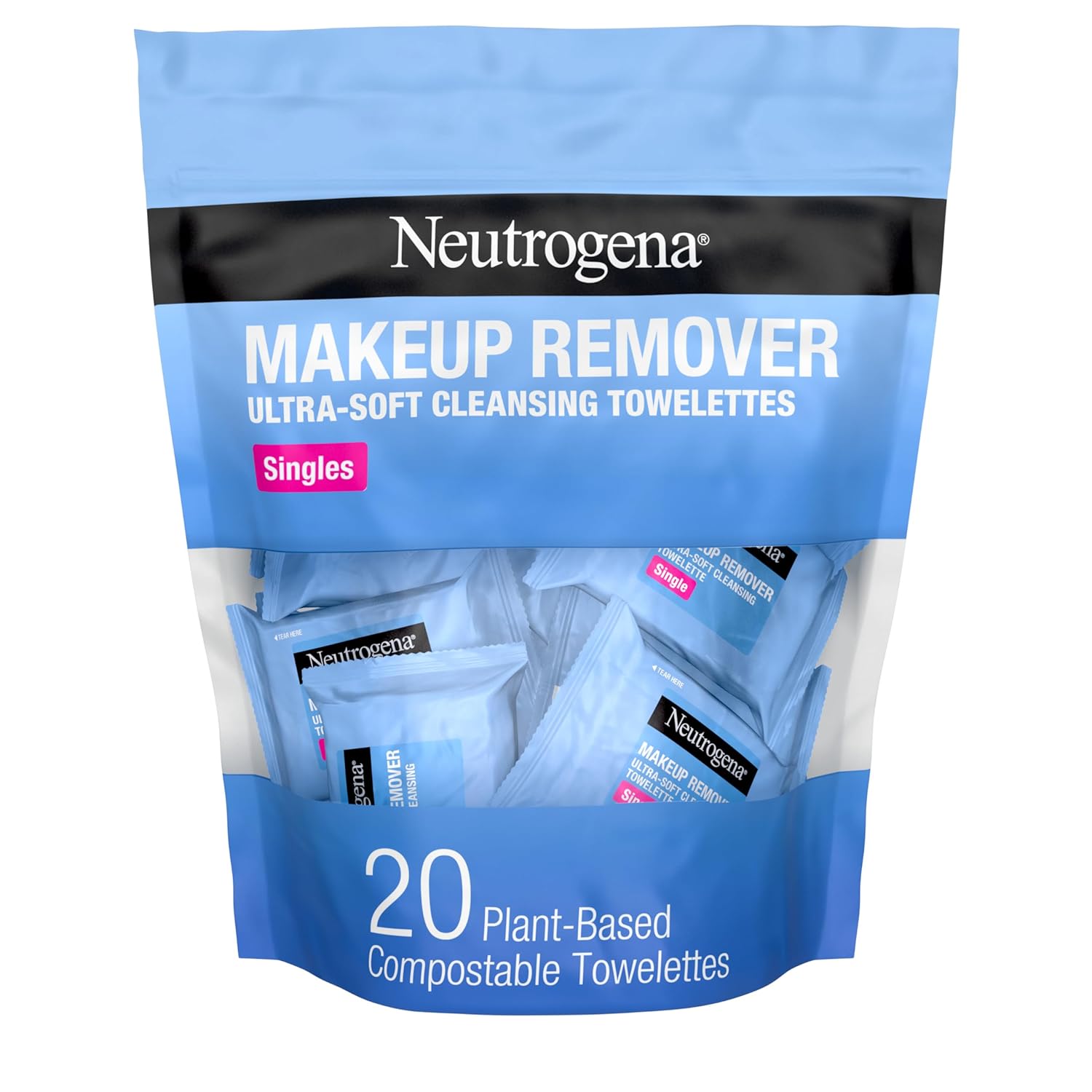 Neutrogena Makeup Remover Wipes, Individually Wrapped Daily Face Wipes for Waterproof Makeup, Travel  On-the-Go Singles, 20 Count