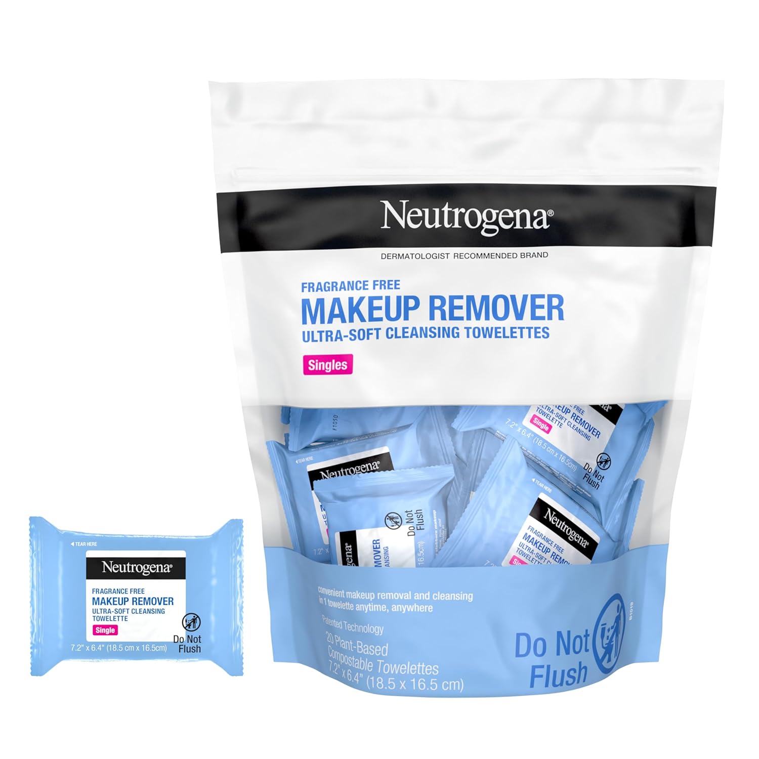 Neutrogena Makeup Remover Wipes, Individually Wrapped Daily Face Wipes for Waterproof Makeup, Travel  On-the-Go Singles, 20 Count