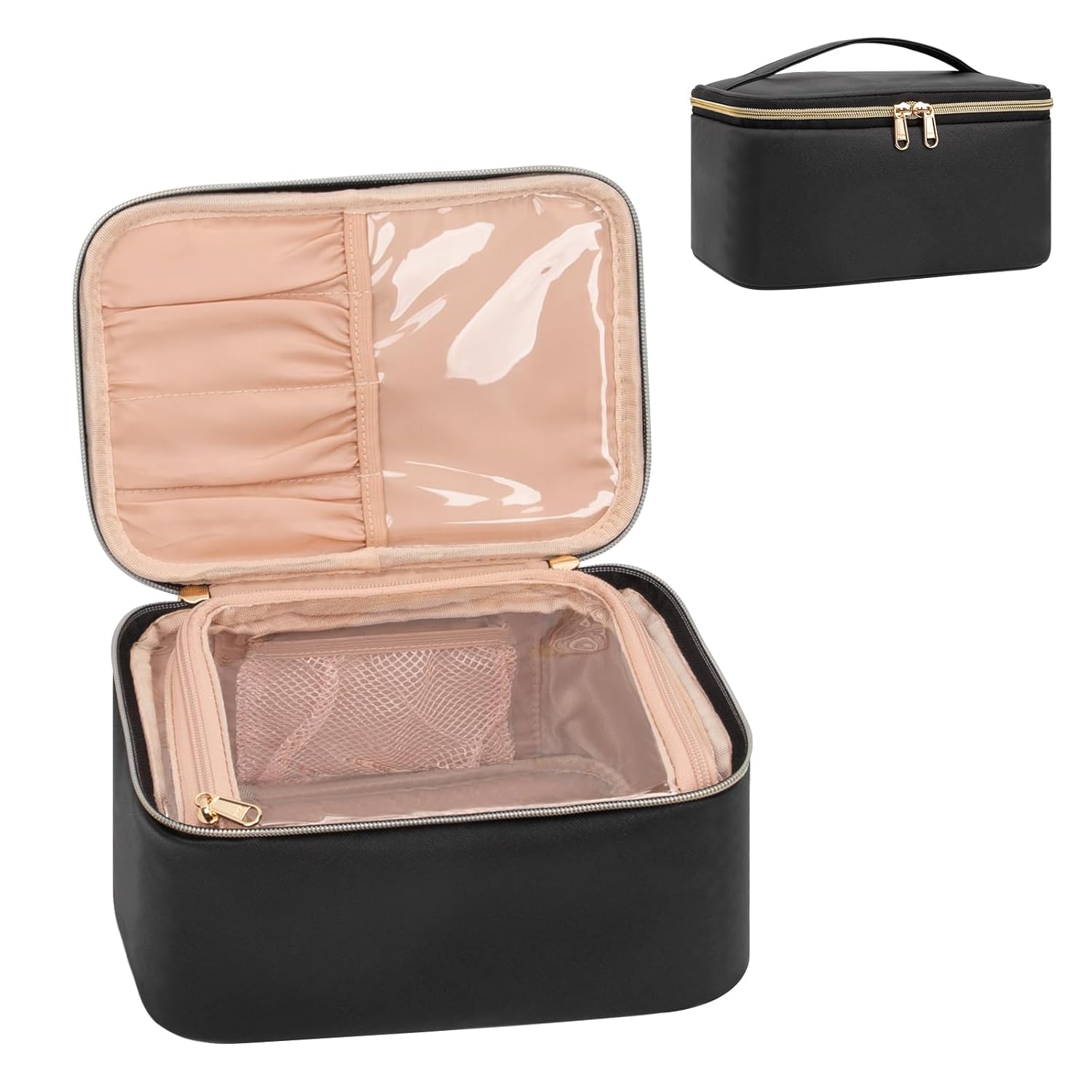 OCHEAL Clear Makeup Bags,Portable Cosmetic Bag Travel Makeup Organizer case Make Up Bag for Women and Girls Cosmetics Toiletries Brushes Slots and Divider-Clear Rose Gold