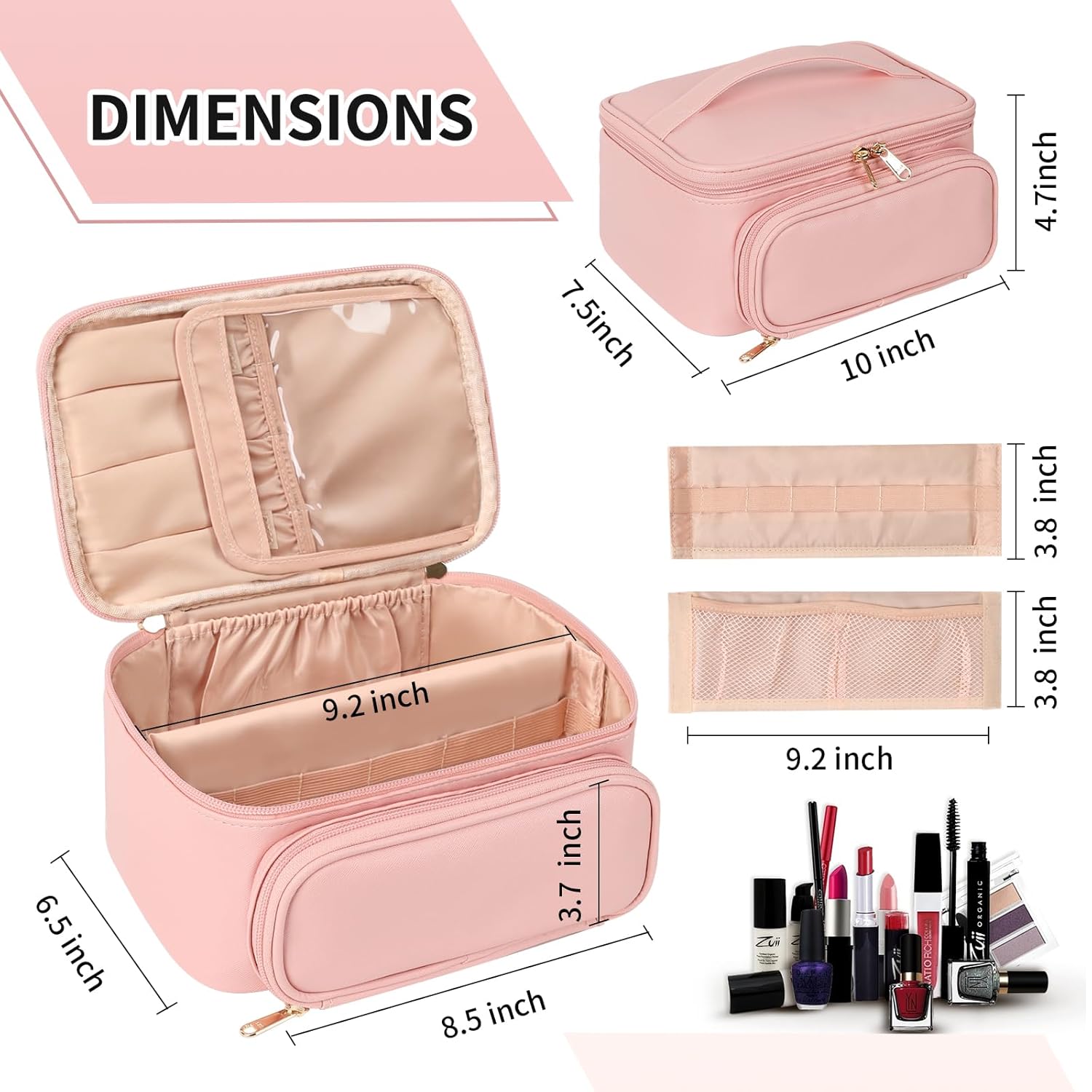 OCHEAL Clear Makeup Bags,Portable Cosmetic Bag Travel Makeup Organizer case Make Up Bag for Women and Girls Cosmetics Toiletries Brushes Slots and Divider-Clear Rose Gold