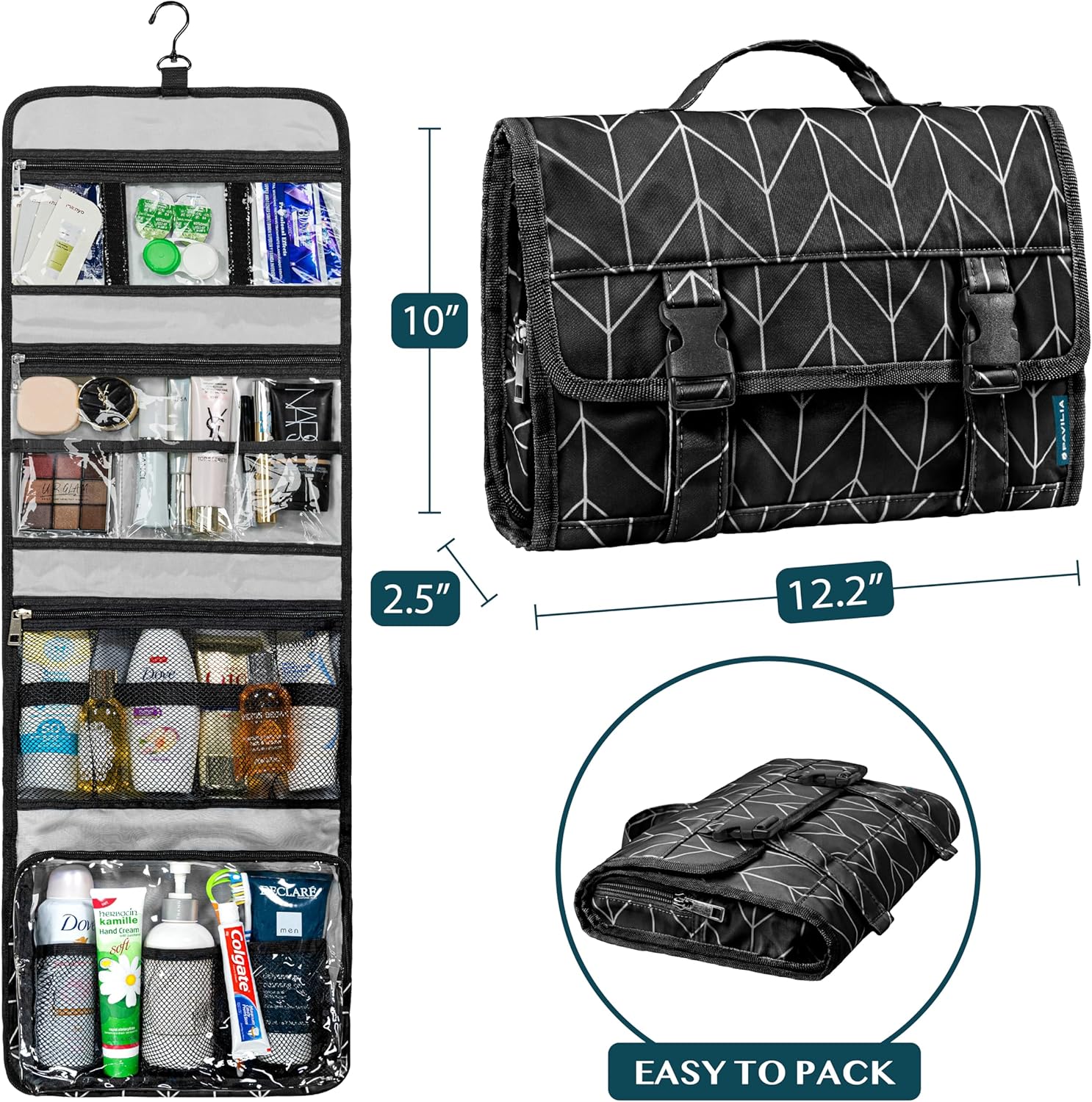 PAVILIA Travel Hanging Toiletry Bag for Women Men, Large Capacity Makeup Bag Kit, Waterproof Cosmetic Storage Organizer Case for Bathroom Shower, Black