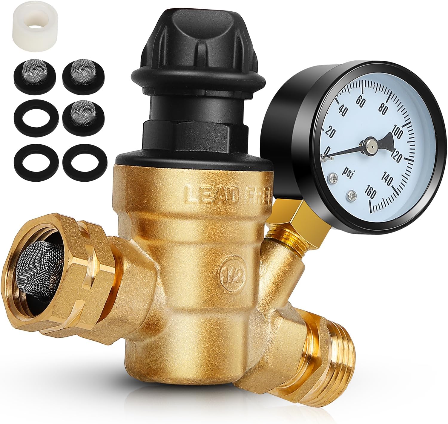 RV Water Pressure Regulator, 3/4 Brass Lead-Free Adjustable Water Pressure Reducer with Gauge and Inlet Screen Filter for RV Camper Travel Trailer Accessories 0-160 PSI