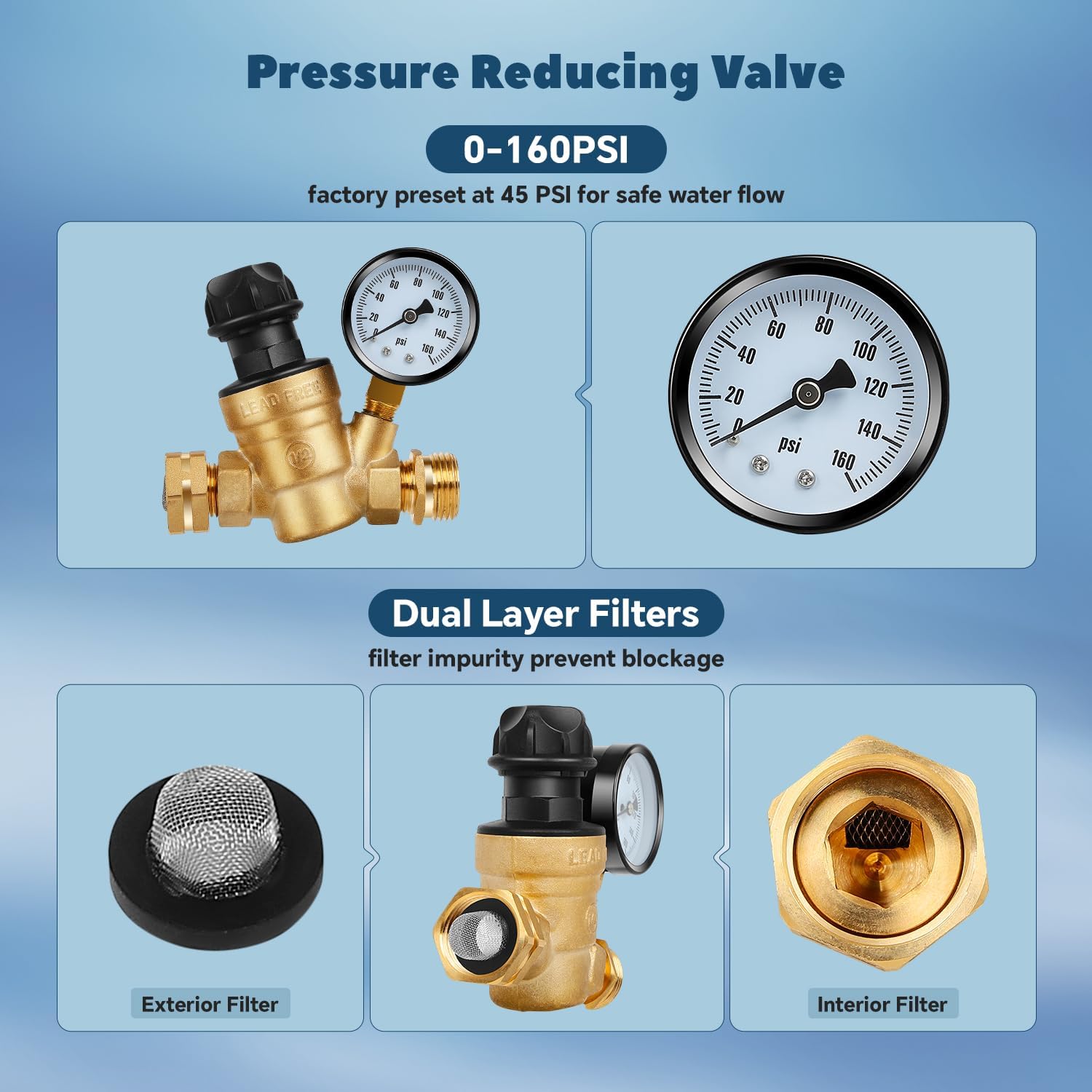 RV Water Pressure Regulator, 3/4 Brass Lead-Free Adjustable Water Pressure Reducer with Gauge and Inlet Screen Filter for RV Camper Travel Trailer Accessories 0-160 PSI