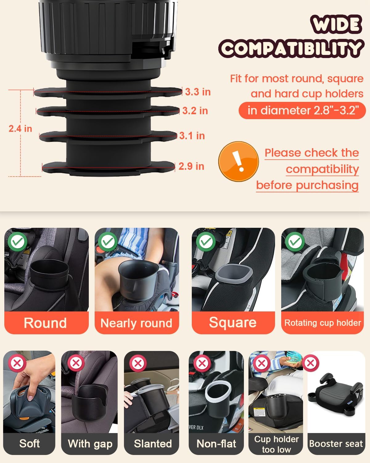 SEVEN SPARTA Car Seat Tray for Kids Toddler Travel with Soft Rubber Base, Rotatable and Removable Cup Holder Snack Tray for Food Color and Play for Family Road Trip Essentials (1, Standard Base)