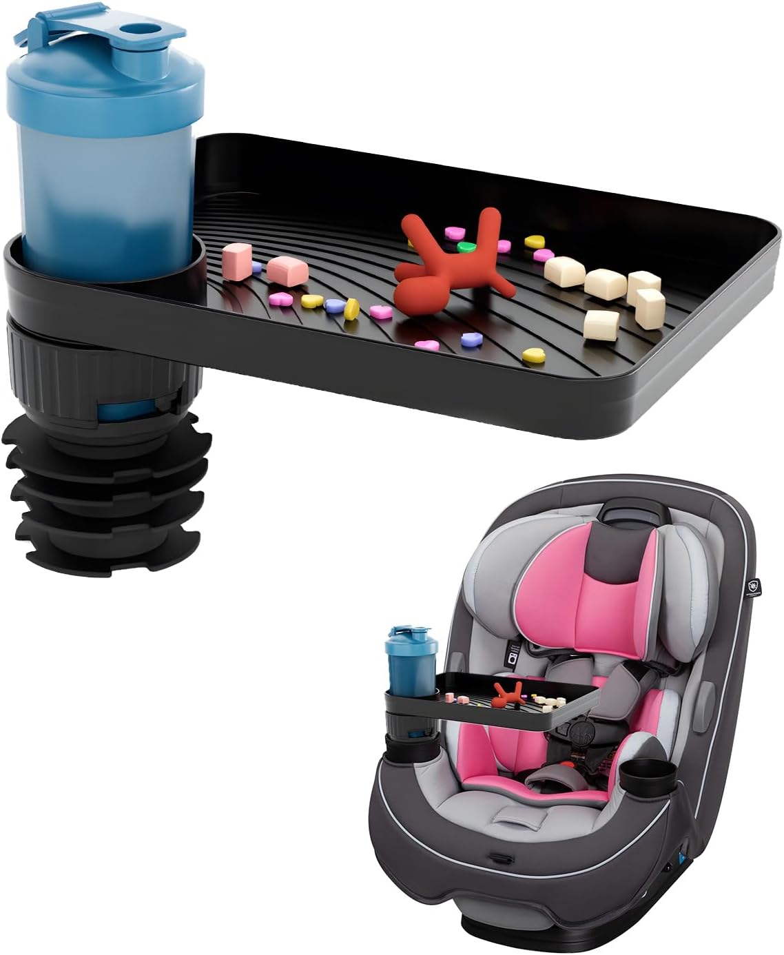 SEVEN SPARTA Car Seat Tray for Kids Toddler Travel with Soft Rubber Base, Rotatable and Removable Cup Holder Snack Tray for Food Color and Play for Family Road Trip Essentials (1, Standard Base)