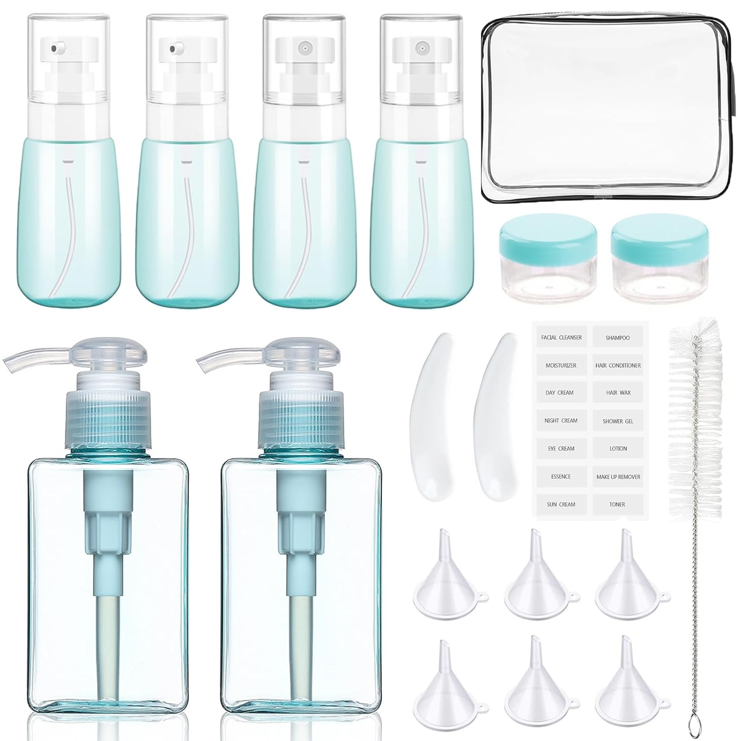 Travel Bottles kit, TSA Approved Travel Size Toiletry Bottles with Labels, Leak Proof Refillable Travel Bottles Set with Toiletry Bag for Cosmetic Shampoo (Lake Blue)