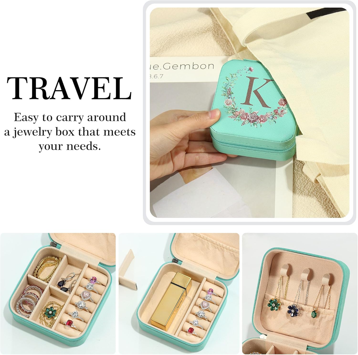 Travel Jewelry Case - Small Initial Jewelry Travel Organizer | Blue Travel Jewelry Box Women Girl| Earring Necklace Organizer | Birthday Personalized Gifts Idea | Travel Essential S