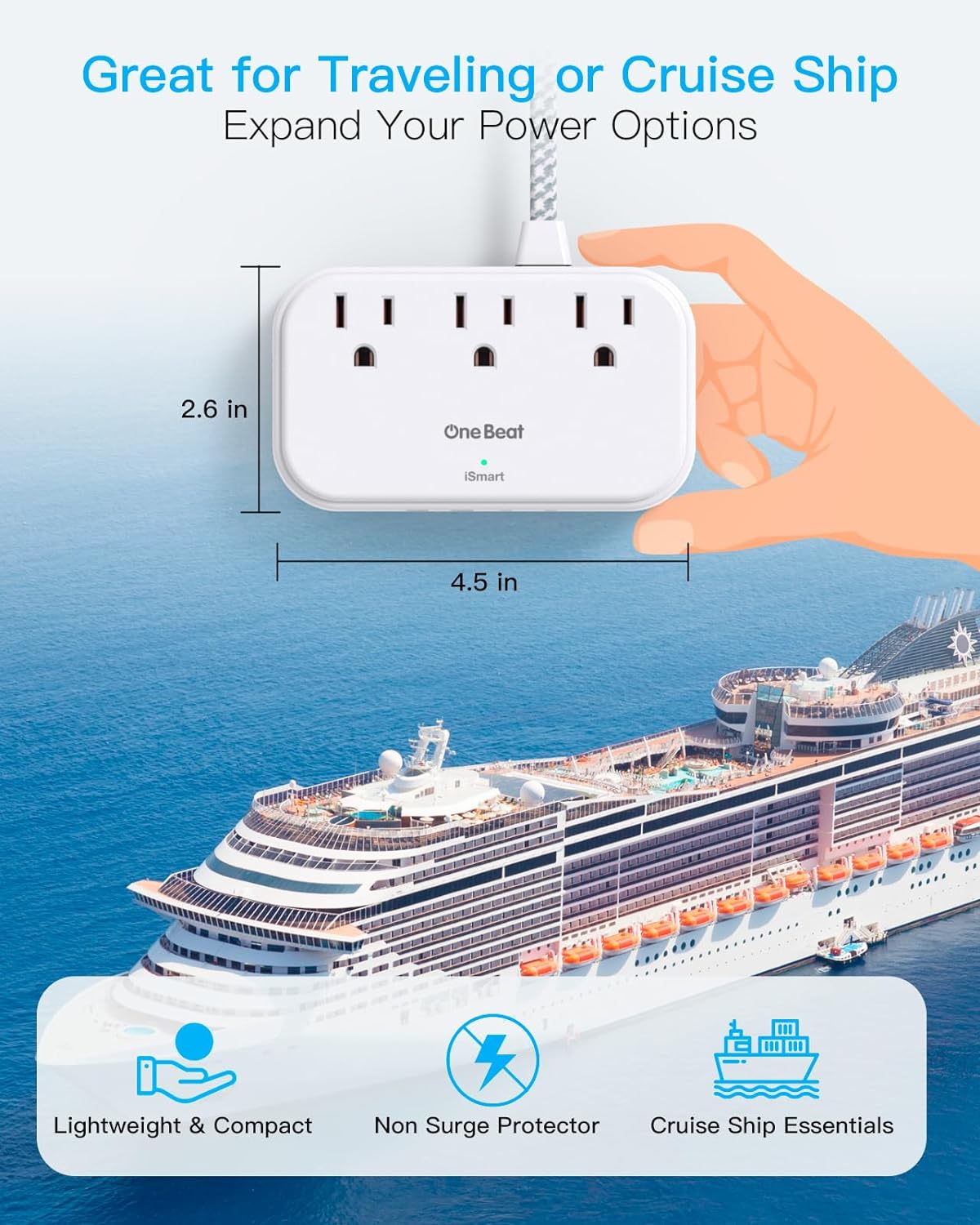 1 Pack Cruise Essentials, 5 Ft Flat Extension Cord, 3 Outlets 4 USB Ports(2 USB C) Flat Plug Power Strip, USB Charging Station with Non Surge Protector for Cruise Ship, Travel, Dorm Room Essentials