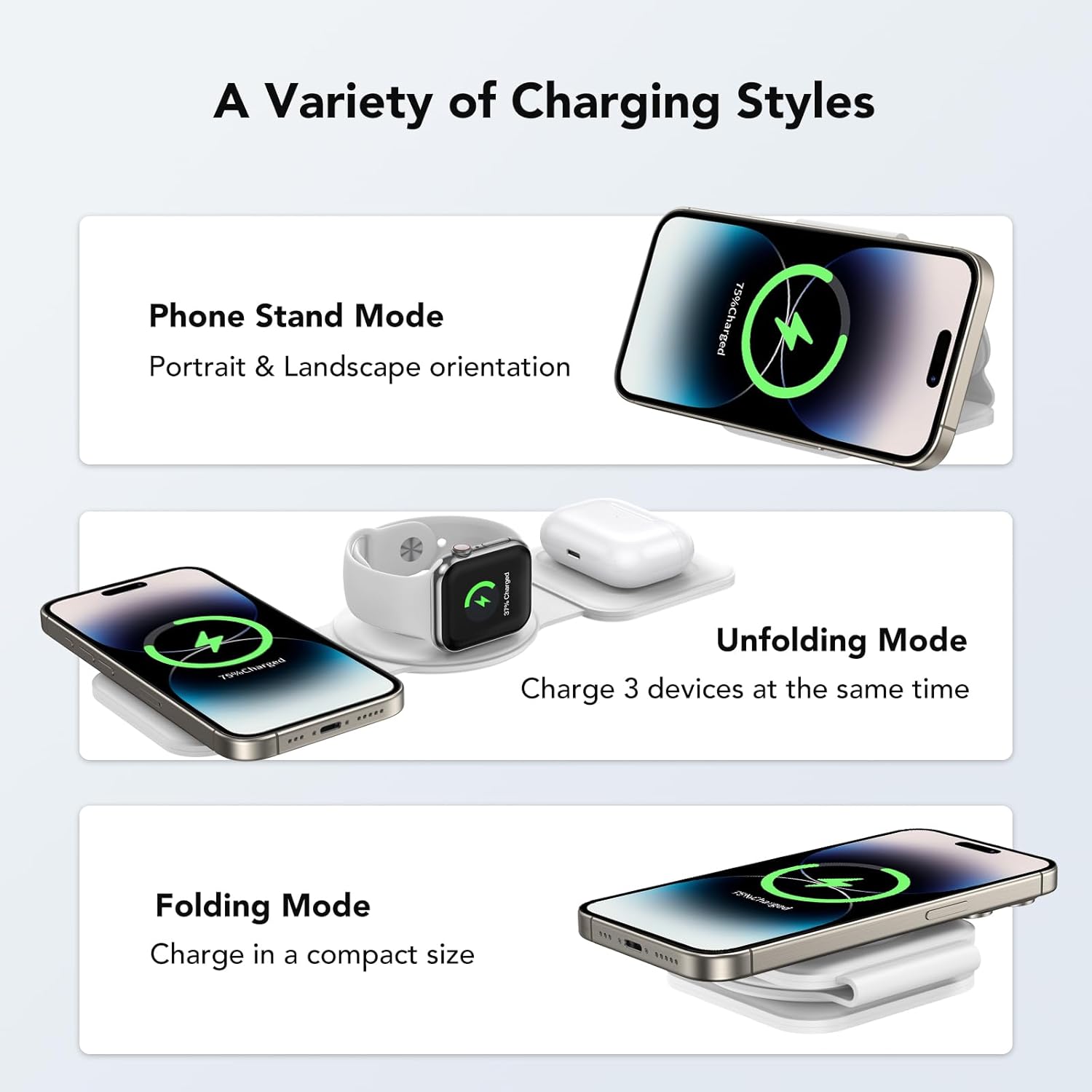 3 in 1 Foldable Wireless Charger, Travel Charger for Multiple Devices, Fast Magnetic Wireless Charging Station Compatible with AirPods, iWatch and iPhone 15/14/13/12 Series (White)