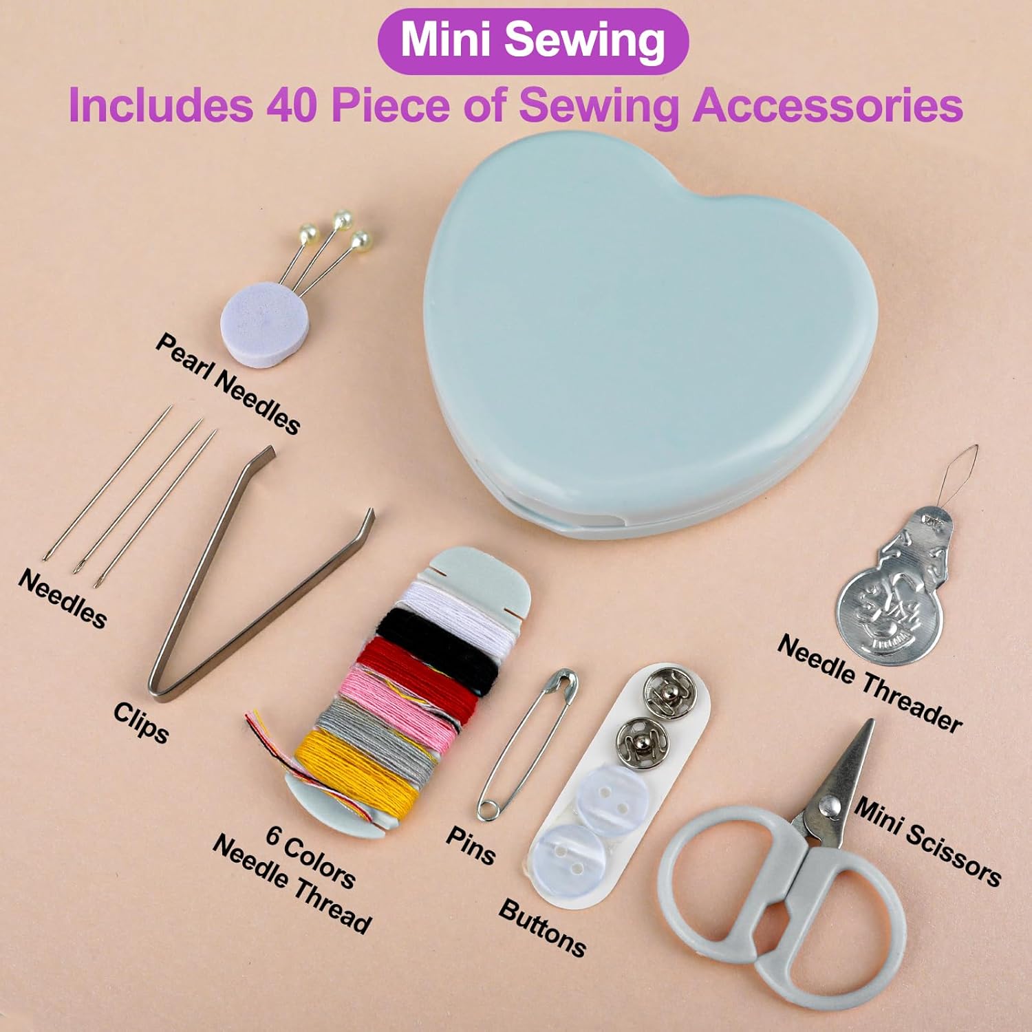 Cobee Sewing Kit, 2pcs Mini Sewing Kit for Travel Essentials Portable DIY Emergency Sewing Repair Supplies Heart Shaped Sewing Storage Case with Needles Buttons Wire Pins Thread Scissors(Light Pink)