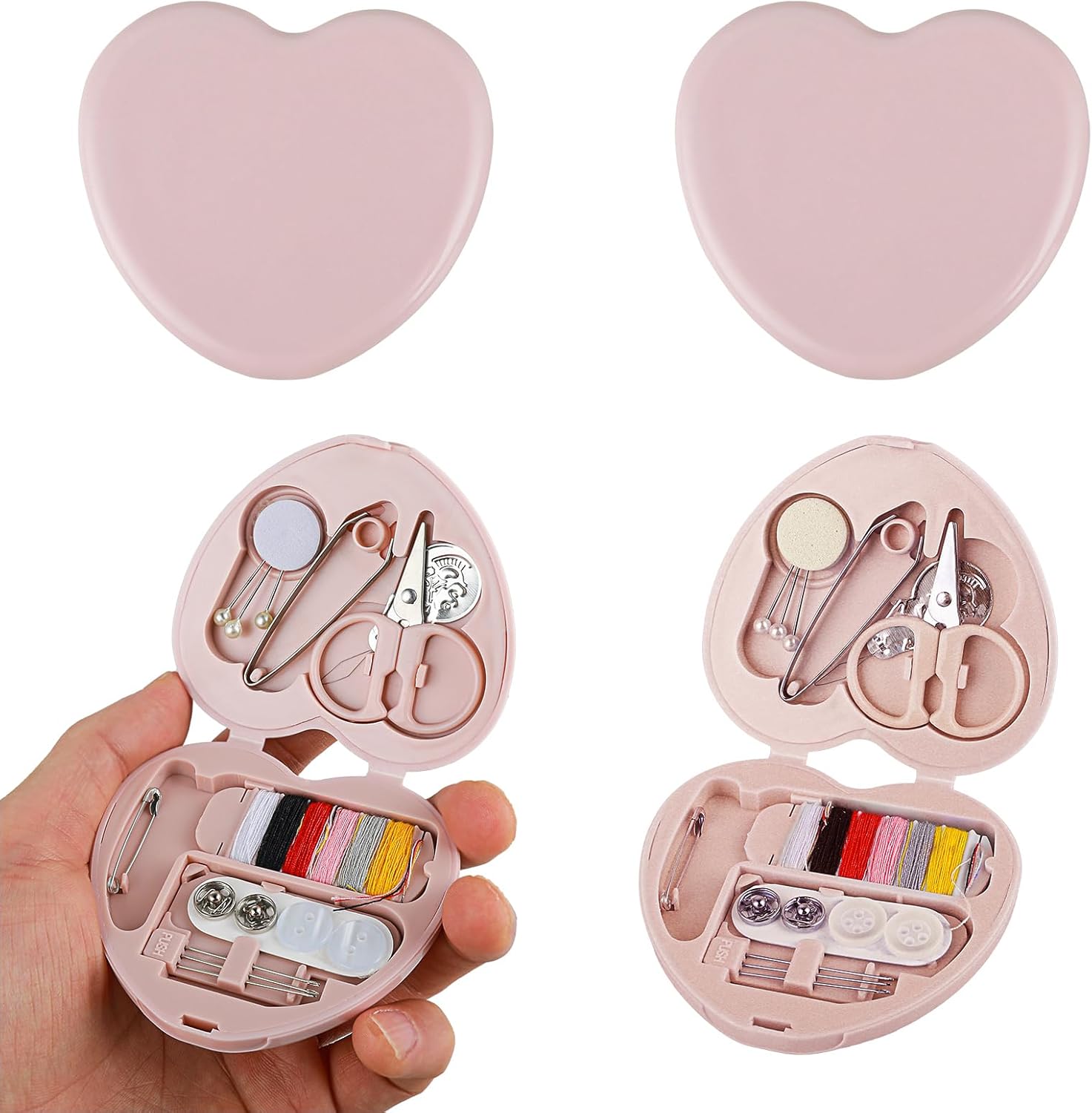 Cobee Sewing Kit, 2pcs Mini Sewing Kit for Travel Essentials Portable DIY Emergency Sewing Repair Supplies Heart Shaped Sewing Storage Case with Needles Buttons Wire Pins Thread Scissors(Light Pink)