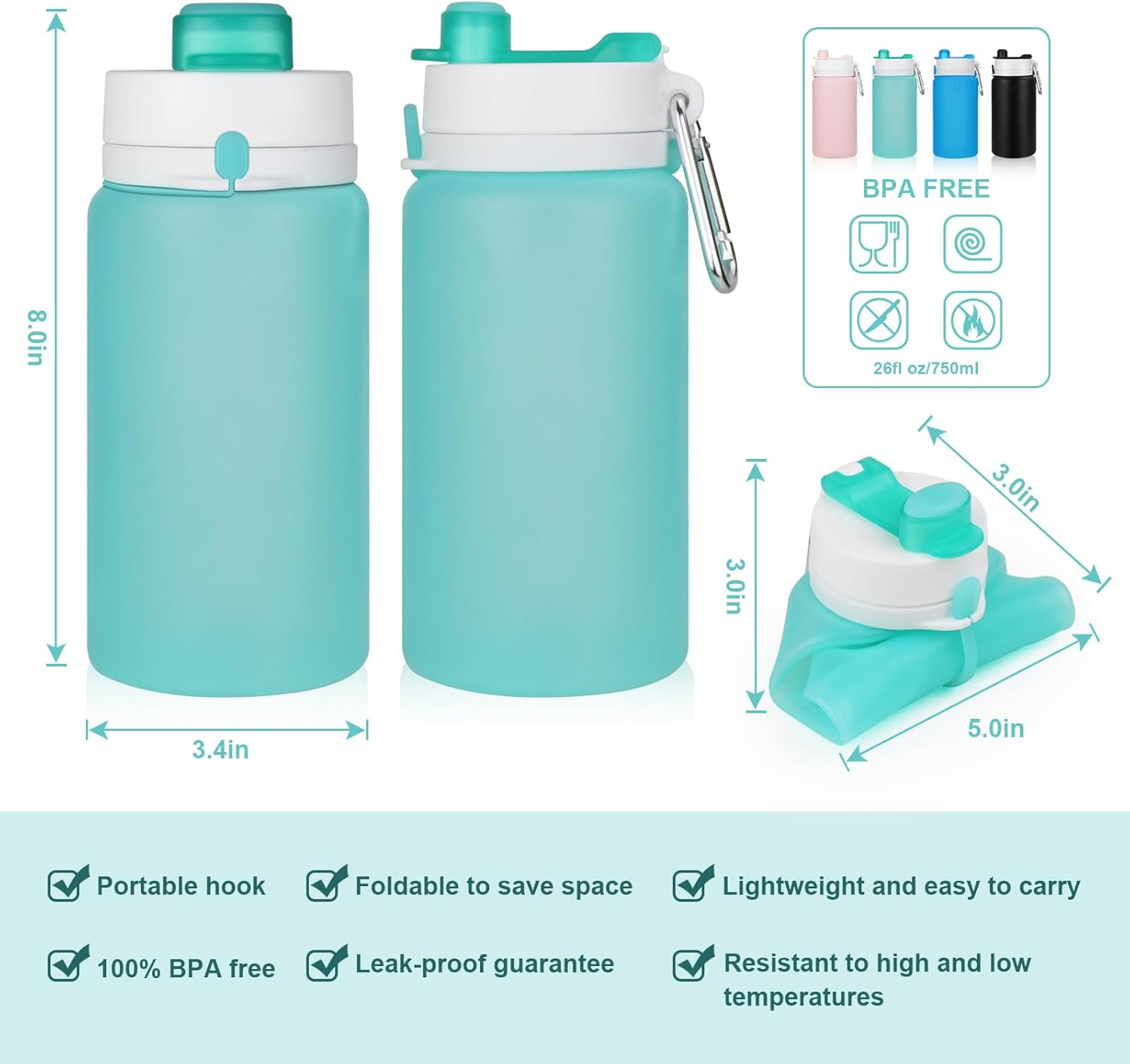 Collapsible Water Bottle, Foldable Water Bottle BPA Free Reusable Lightweight Leak-Proof Travel Silicone Water Bottle for Travel, Gym, Hiking, Office, Camping