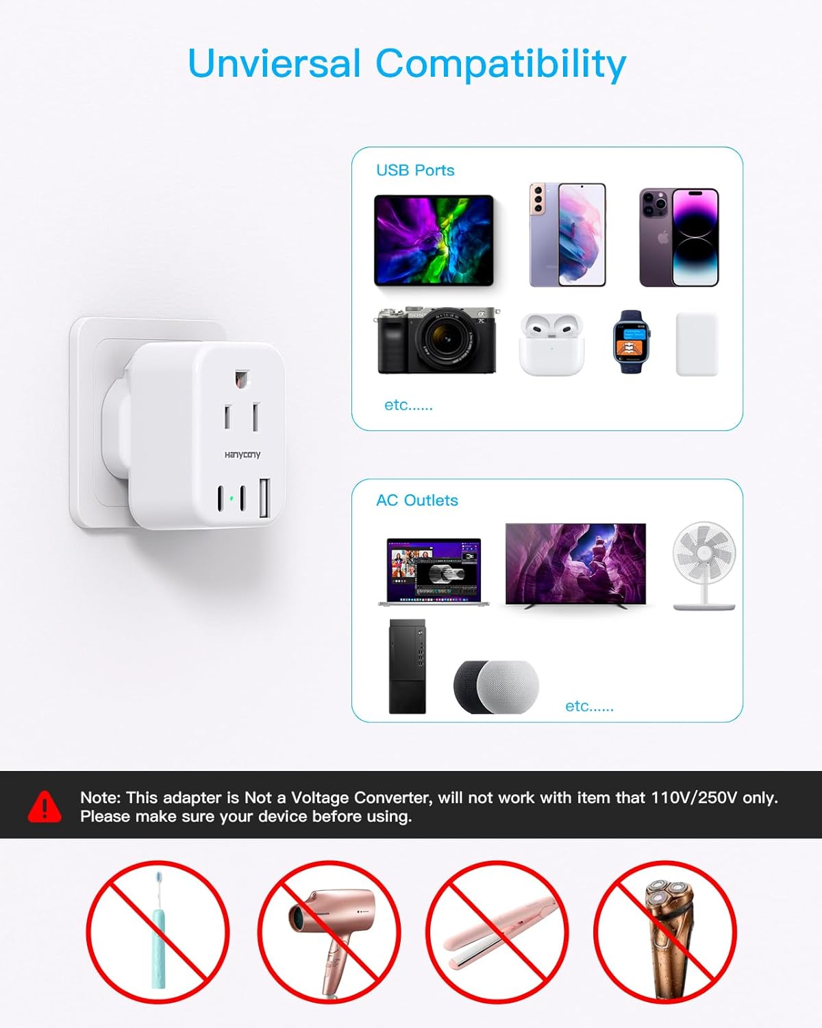 European Travel Plug Adapter for International, Italy Spain Power Adapter, 2 Outlets 2 USB C Ports, Type C Adapter Travel Cruise Essentials for Amercian US to Most Europe France Germany EU, 2 Pack