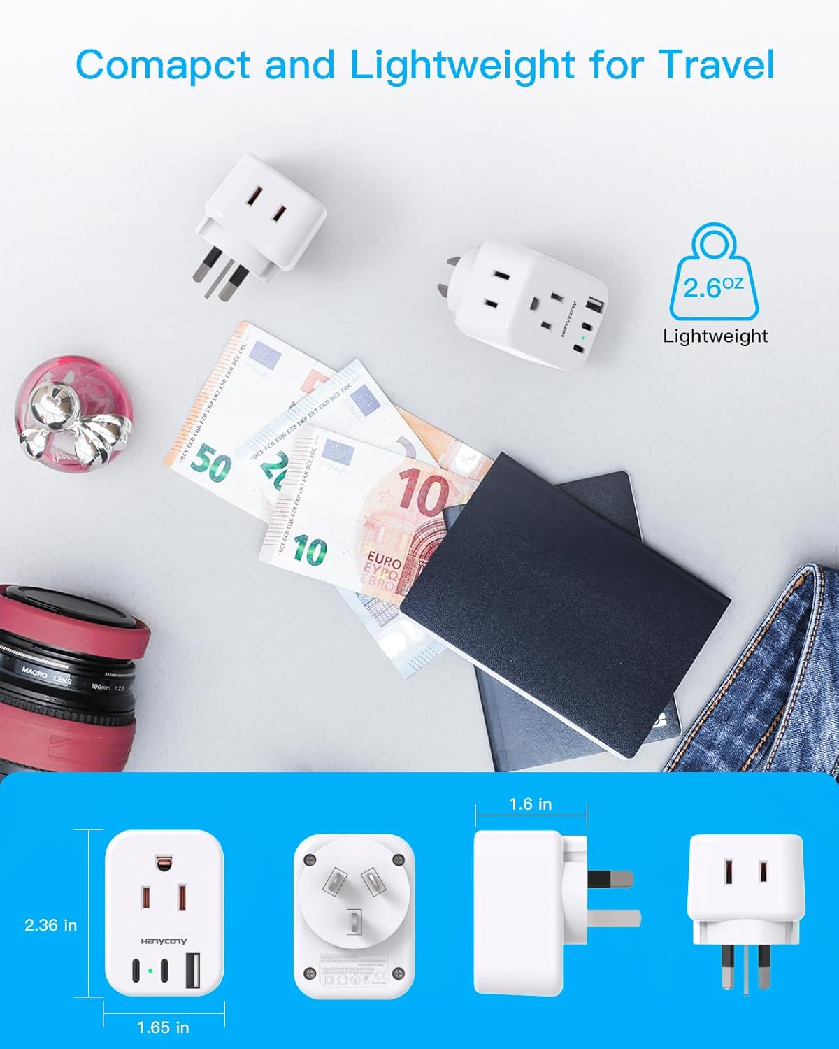 European Travel Plug Adapter for International, Italy Spain Power Adapter, 2 Outlets 2 USB C Ports, Type C Adapter Travel Cruise Essentials for Amercian US to Most Europe France Germany EU, 2 Pack