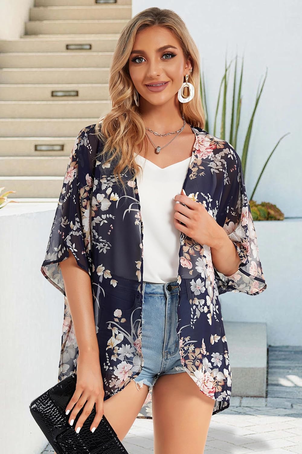 Womens Floral Print Puff Sleeve Kimono Cardigan Loose Cover Up Casual Blouse Tops