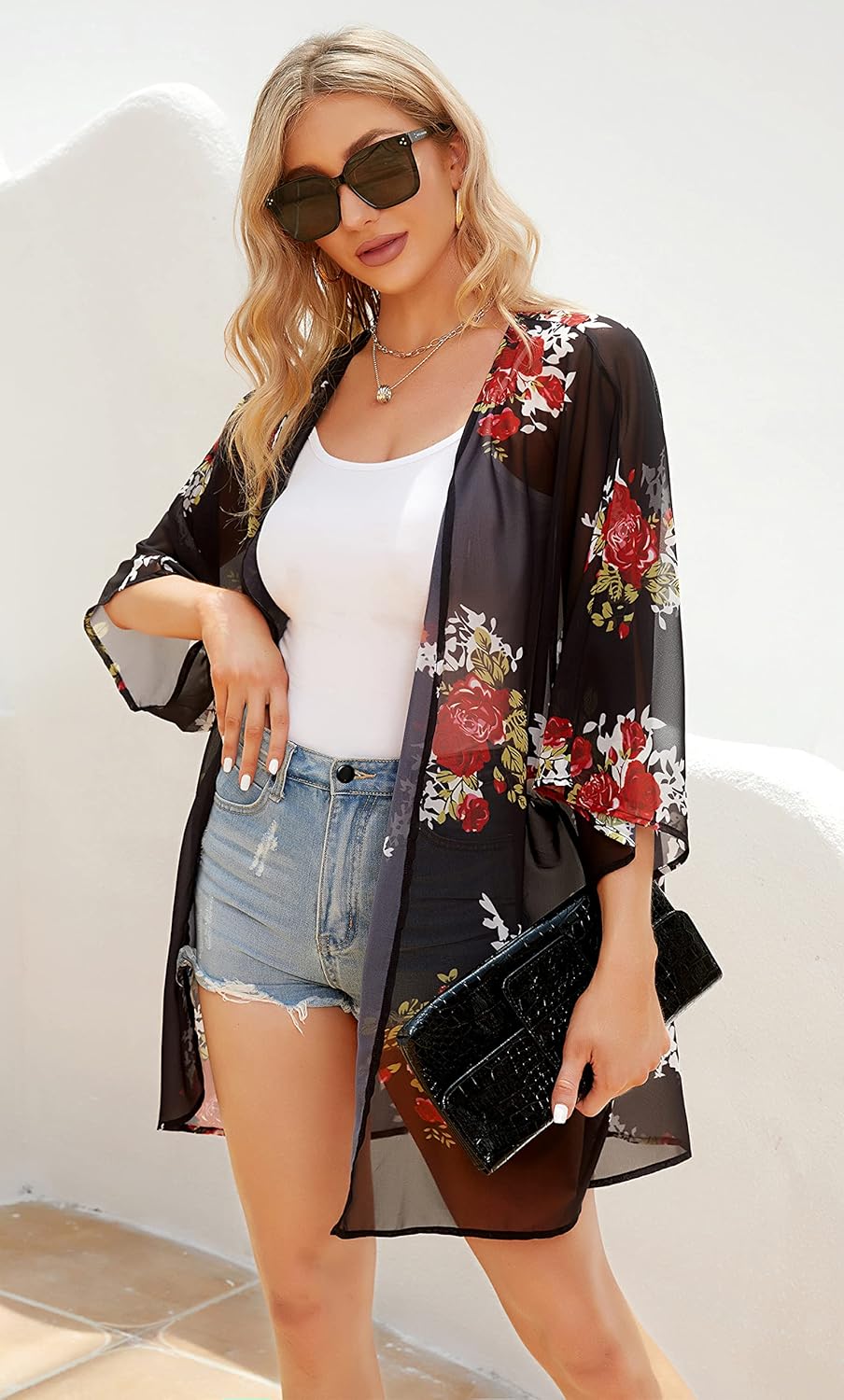 Womens Floral Print Puff Sleeve Kimono Cardigan Loose Cover Up Casual Blouse Tops