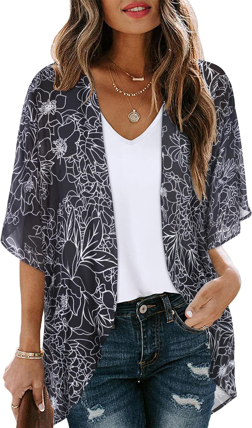 Womens Floral Print Puff Sleeve Kimono Cardigan Loose Cover Up Casual Blouse Tops